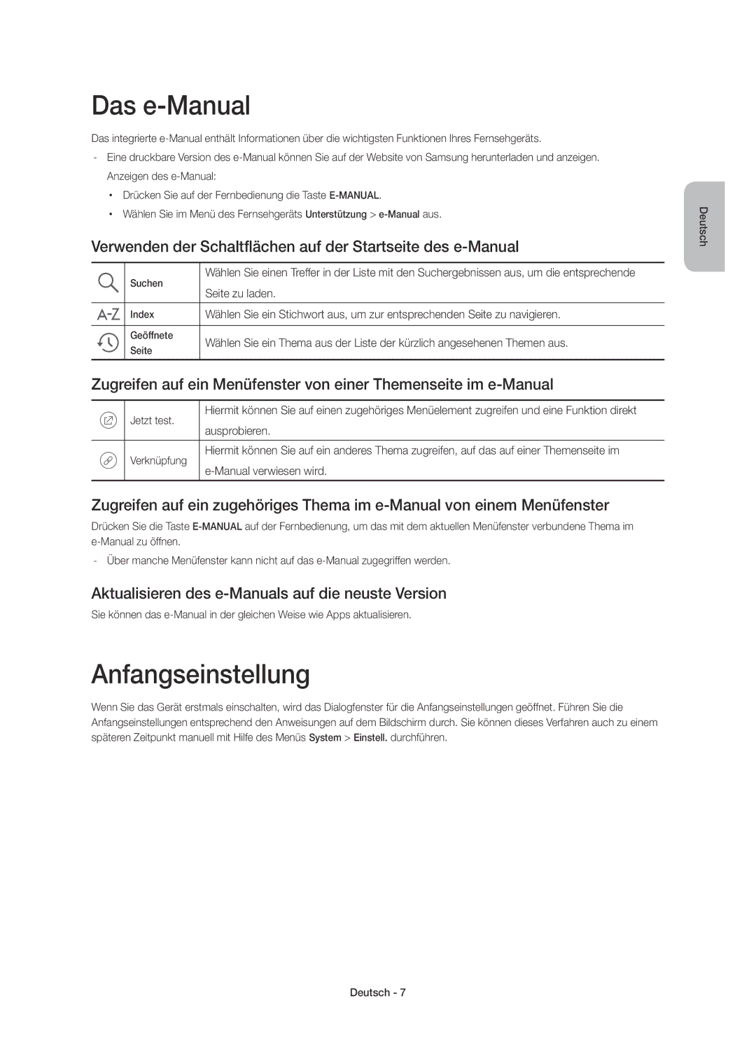 Samsung UE48J6270SUXTK manual Das e-Manual, Anfangseinstellung, Verwenden der Schaltflächen auf der Startseite des e-Manual 