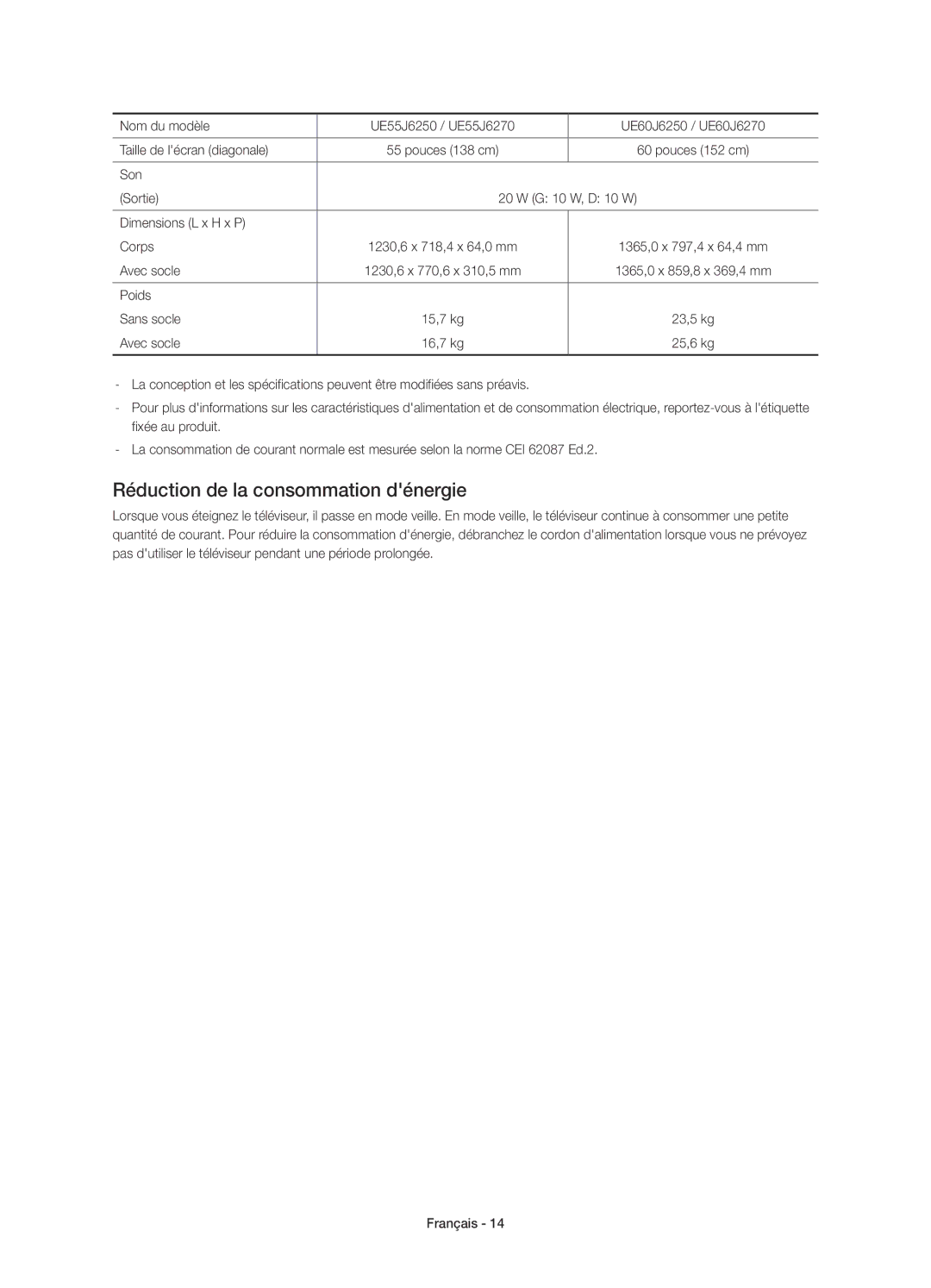 Samsung UE55J6250SUXZG manual Réduction de la consommation dénergie, Son Sortie G 10 W, D 10 W Dimensions L x H x P Corps 