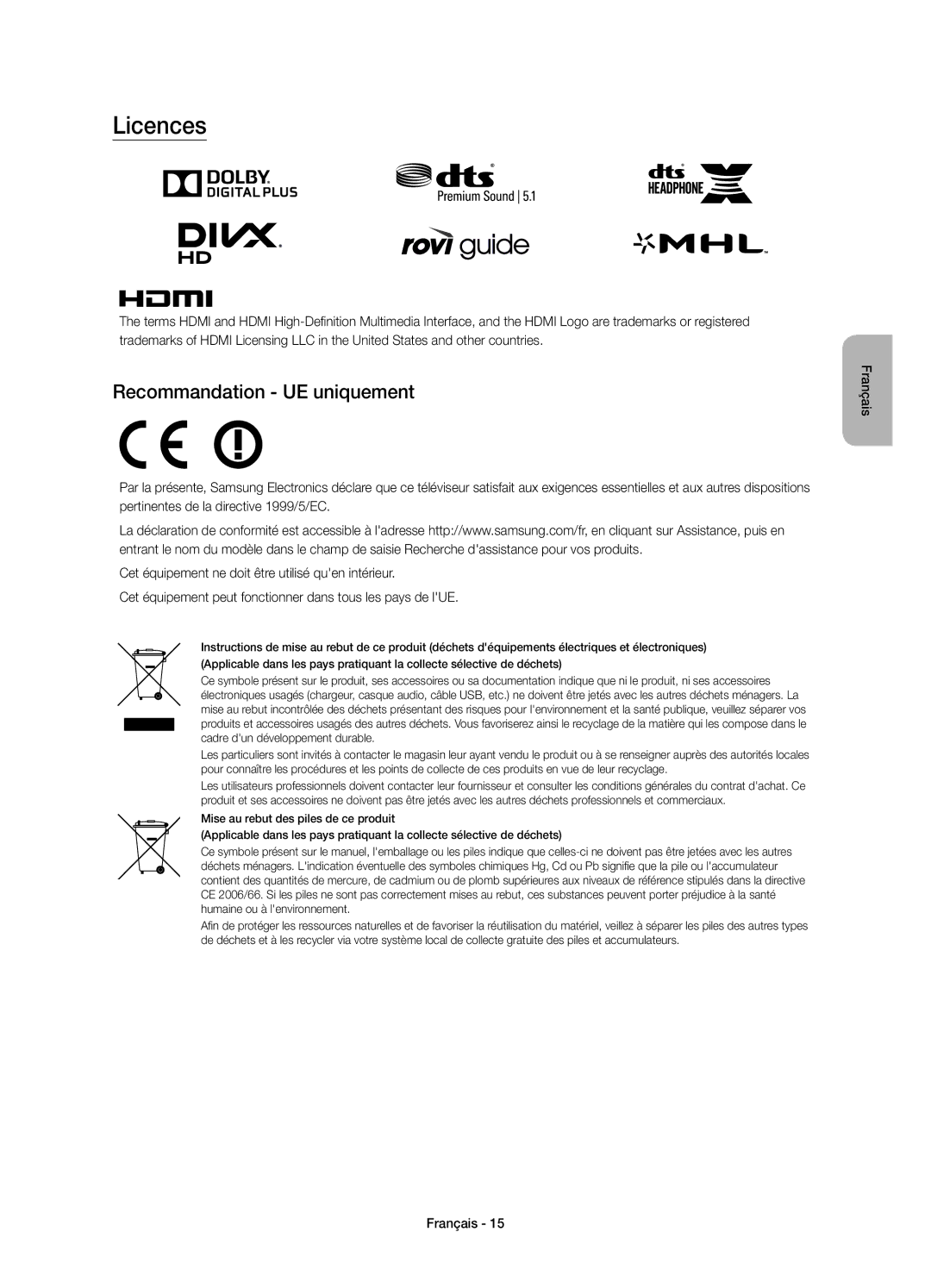 Samsung UE48J6250SUXZG, UE40J6250SUXZG, UE60J6250SUXZG, UE50J6250SUXZG, UE55J6250SUXZG Licences, Recommandation UE uniquement 