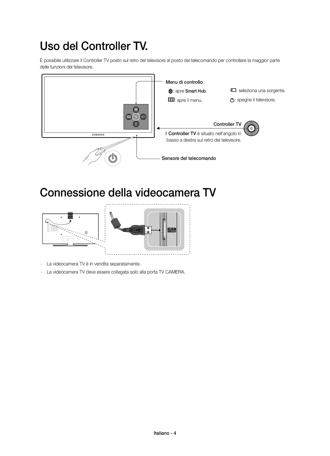 Samsung UE40J6270SUXTK, UE40J6250SUXZG Uso del Controller TV, Connessione della videocamera TV, Sensore del telecomando 