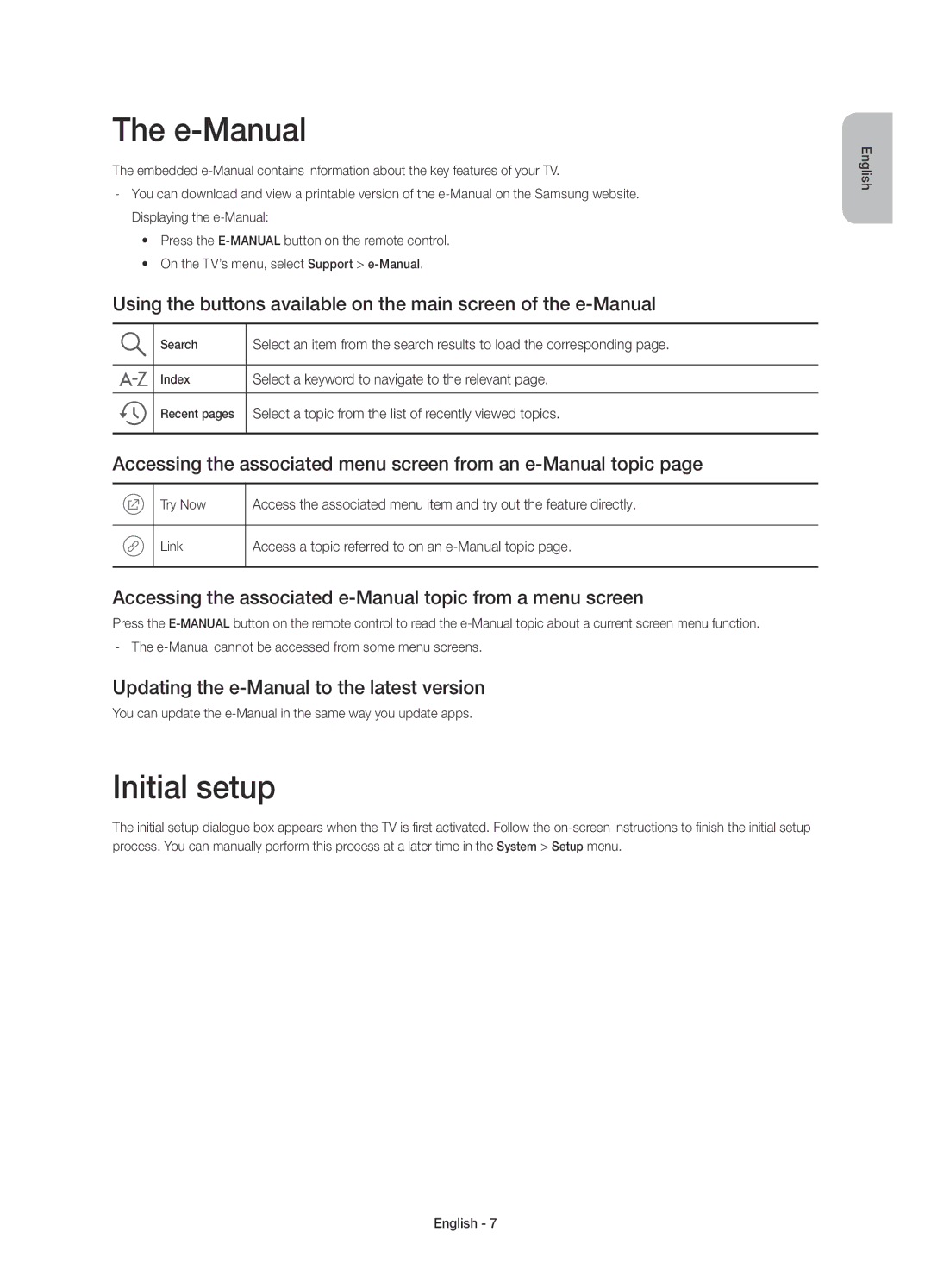 Samsung UE40J6270SUXTK manual E-Manual, Initial setup, Accessing the associated menu screen from an e-Manual topic 