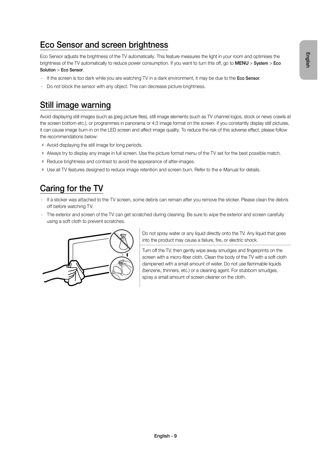 Samsung UE40J6270SUXZG, UE40J6250SUXZG manual Eco Sensor and screen brightness, Still image warning, Caring for the TV 