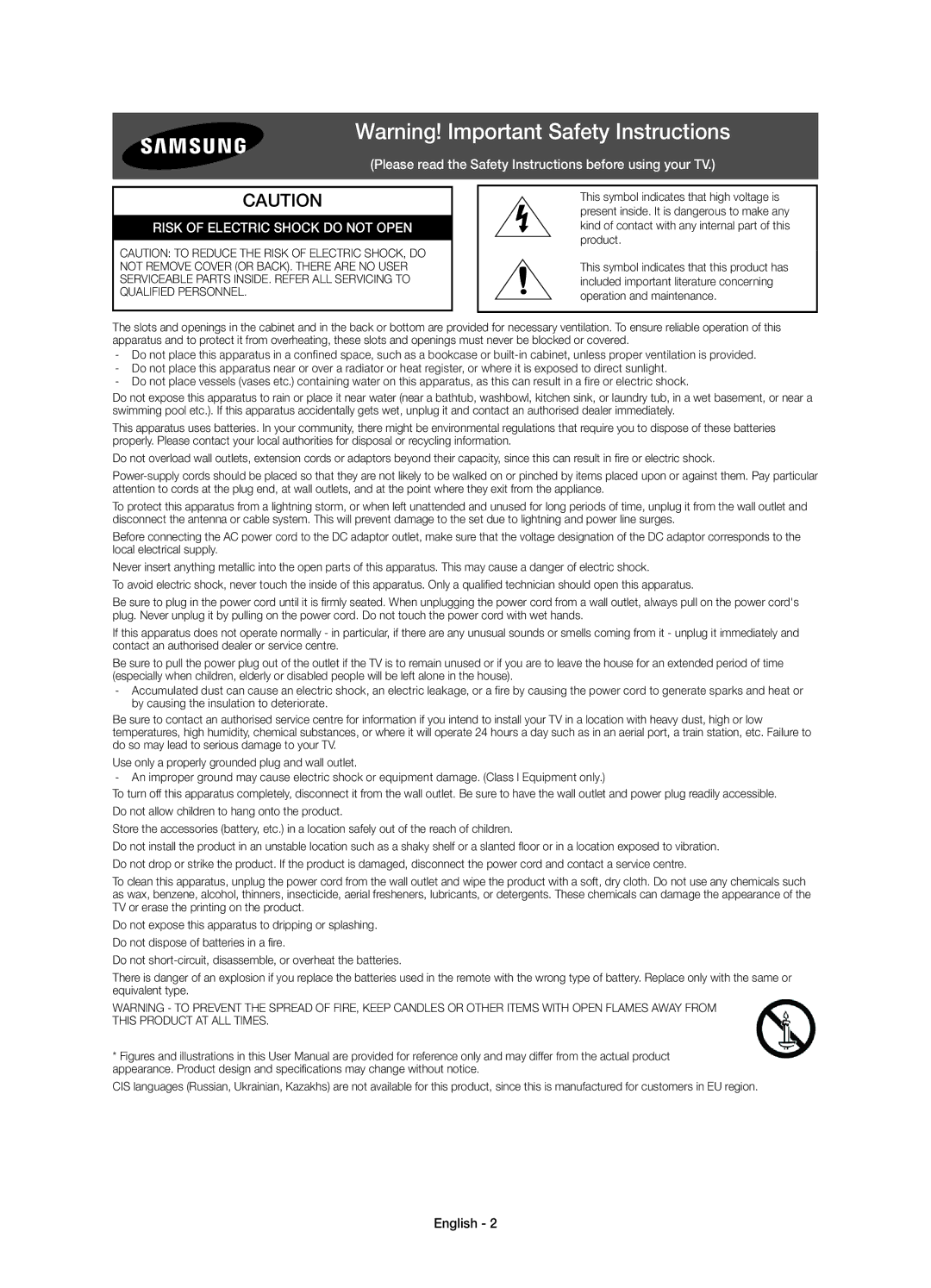 Samsung UE50J6275SUXXE, UE40J6275SUXXE, UE32J6275SUXXE, UE55J6275SUXXE manual Risk of Electric Shock do not Open, English 