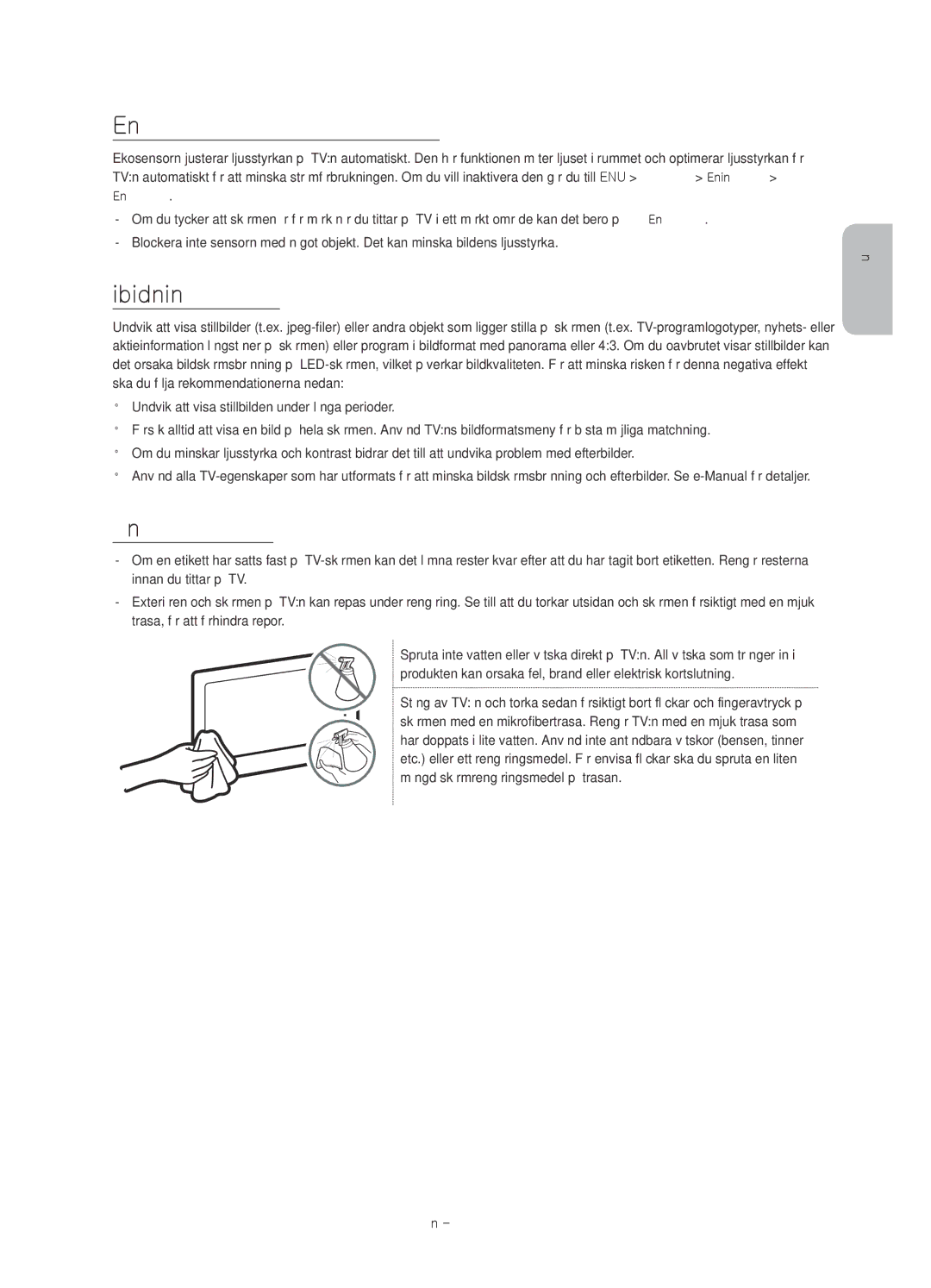 Samsung UE48J6275SUXXE, UE40J6275SUXXE, UE32J6275SUXXE Ekosensor och skärmljusstyrka, Stillbildsvarning, Skötsel av TVn 