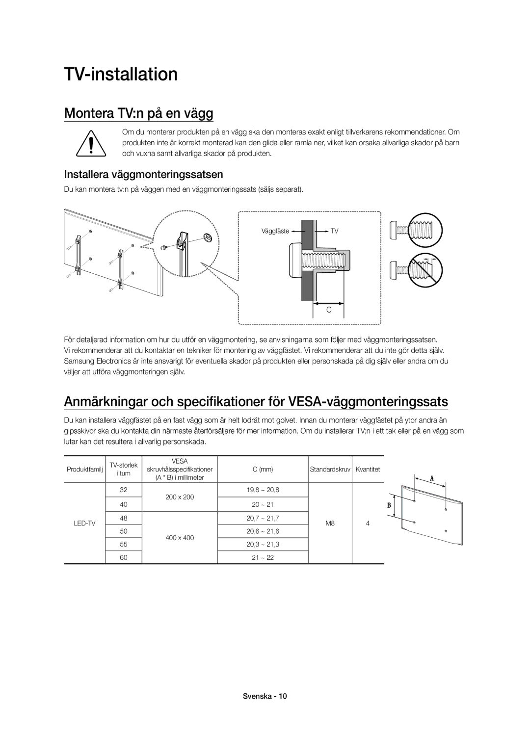 Samsung UE40J6275SUXXE, UE32J6275SUXXE manual TV-installation, Montera TVn på en vägg, Installera väggmonteringssatsen 