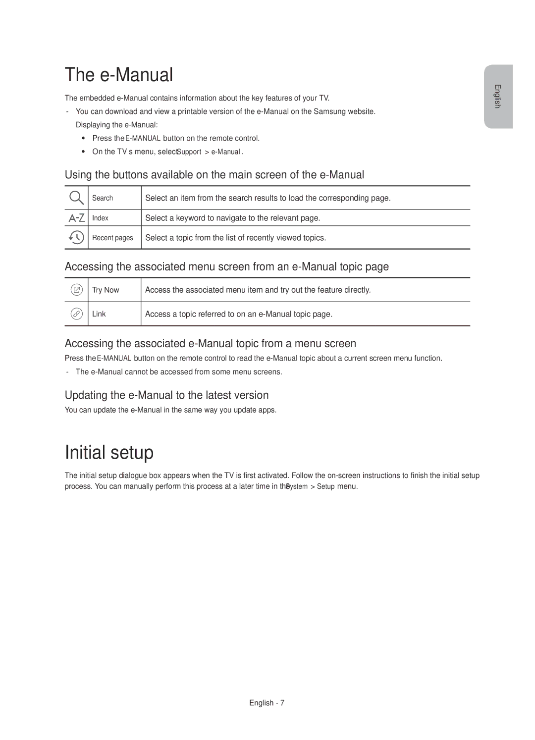 Samsung UE32J6275SUXXE manual E-Manual, Initial setup, Accessing the associated menu screen from an e-Manual topic 