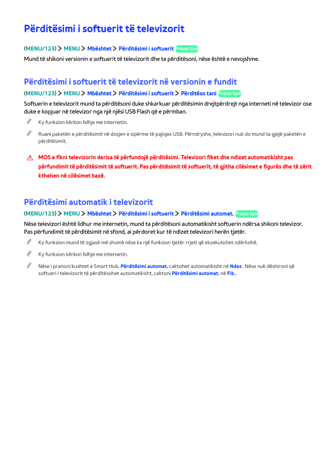 Samsung UE48J5512AKXXH, UE40J6302AKXXH manual Përditësimi i softuerit të televizorit, Përditësimi automatik i televizorit 