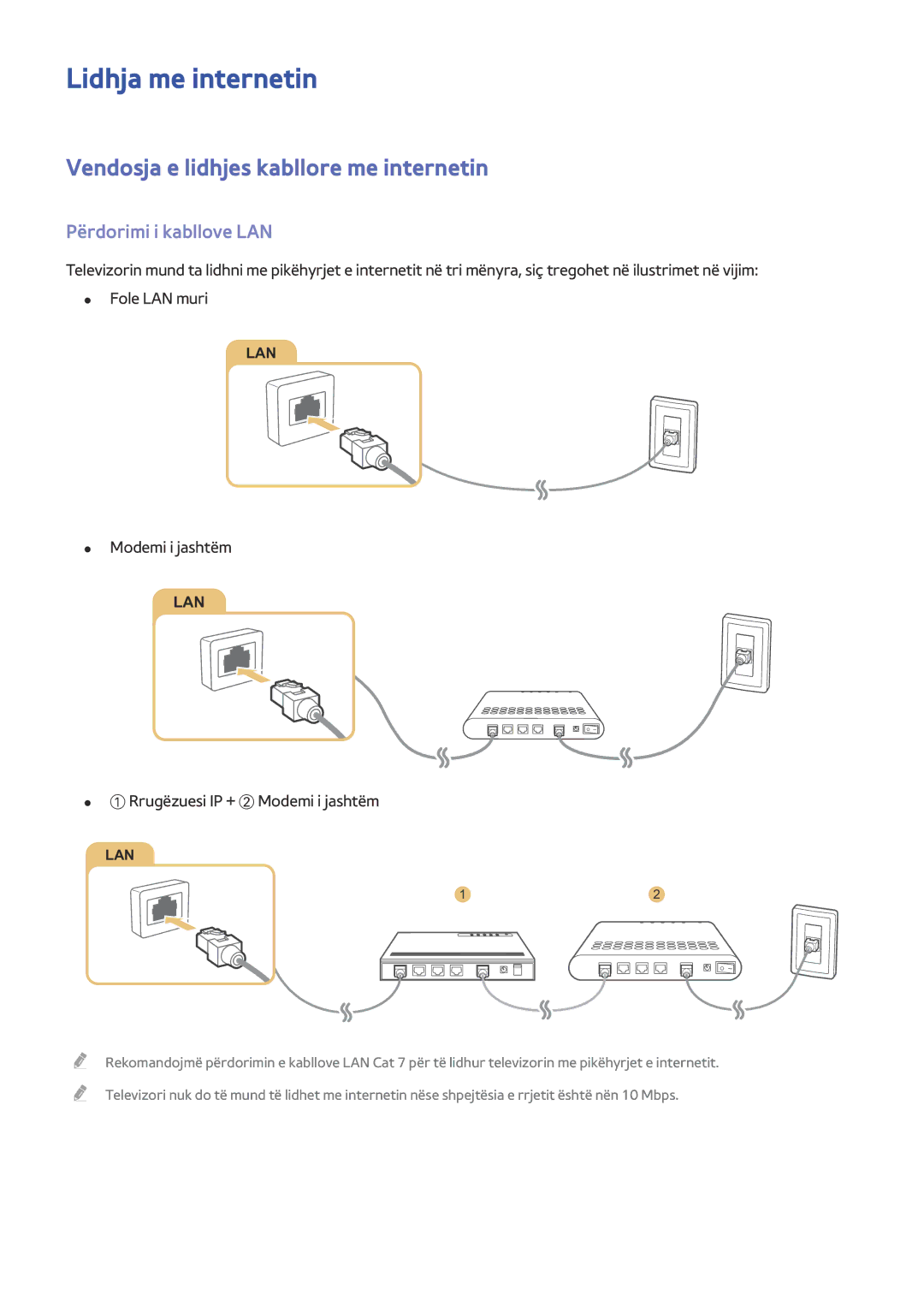 Samsung UE48J5512AKXXH manual Lidhja me internetin, Vendosja e lidhjes kabllore me internetin, Përdorimi i kabllove LAN 