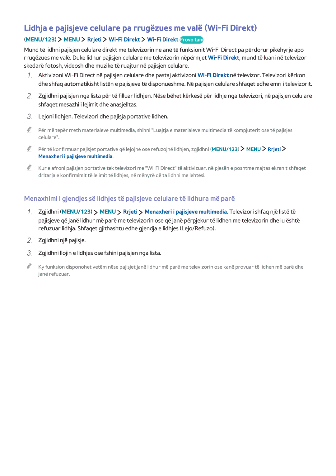 Samsung UE40J6202AKXXH, UE40J6302AKXXH, UE32J5502AKXXH manual MENU/123 Menu Rrjeti Wi-Fi Direkt Wi-Fi Direkt Provo tani 