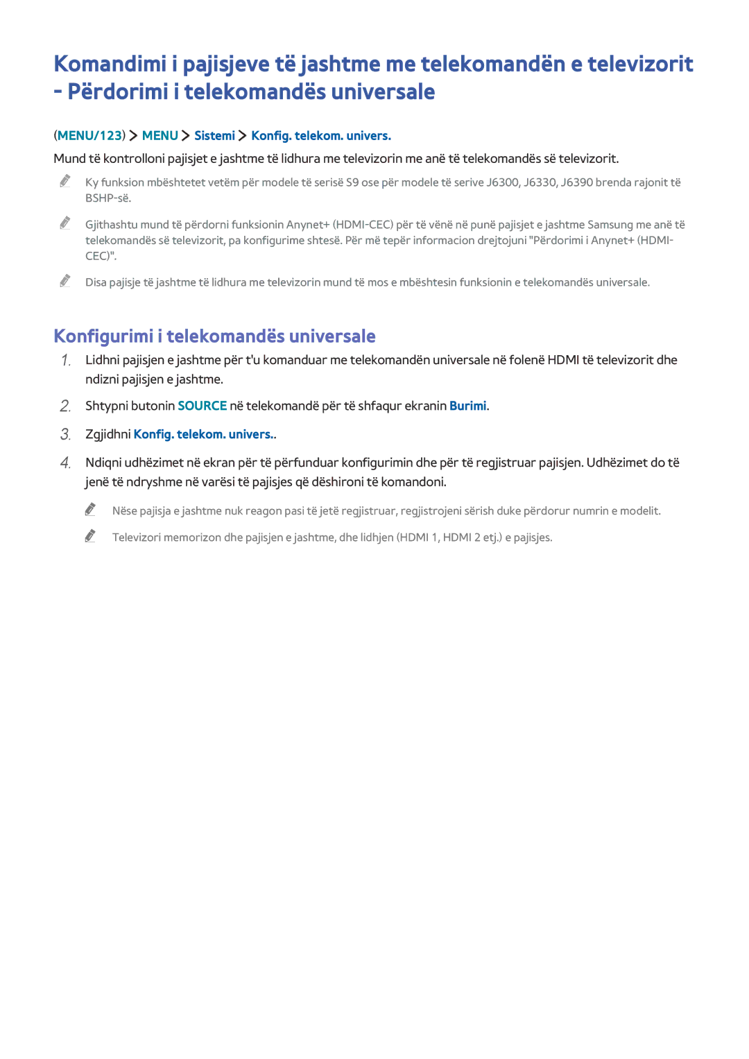 Samsung UE50J6282SUXXH manual Konfigurimi i telekomandës universale, MENU/123 Menu Sistemi Konfig. telekom. univers 