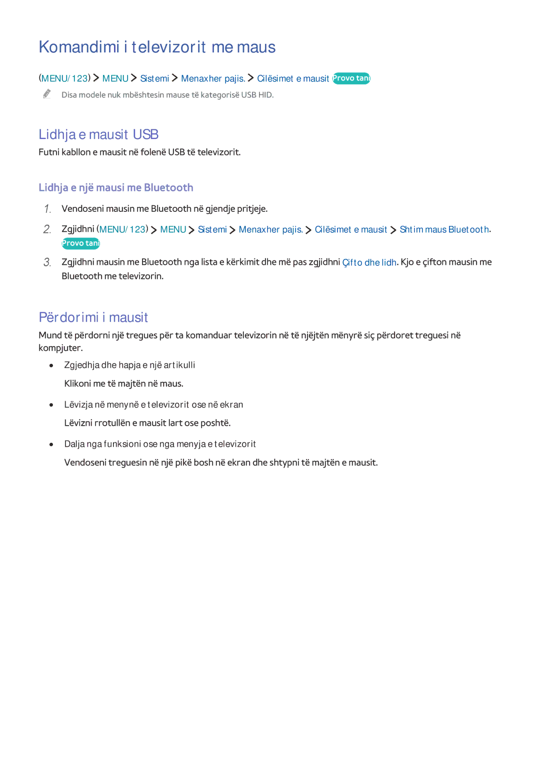 Samsung UE60J6282SUXXH, UE40J6302AKXXH manual Komandimi i televizorit me maus, Lidhja e mausit USB, Përdorimi i mausit 