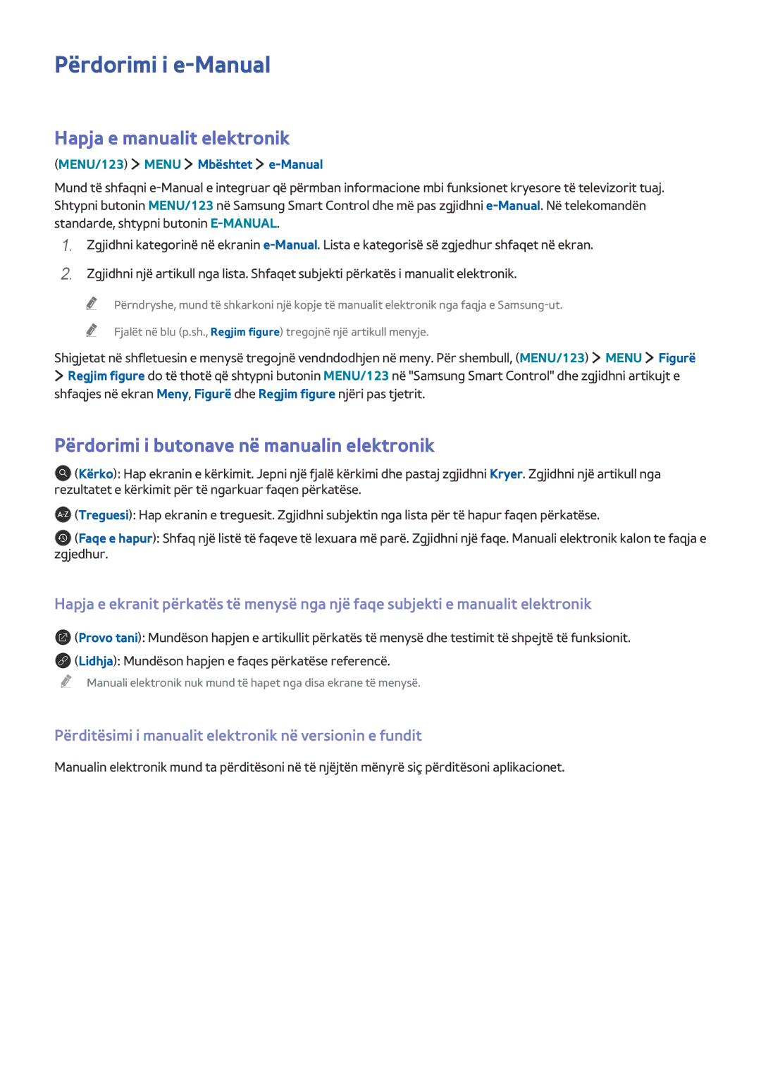 Samsung UE48J6272SUXXH Përdorimi i e-Manual, Hapja e manualit elektronik, Përdorimi i butonave në manualin elektronik 