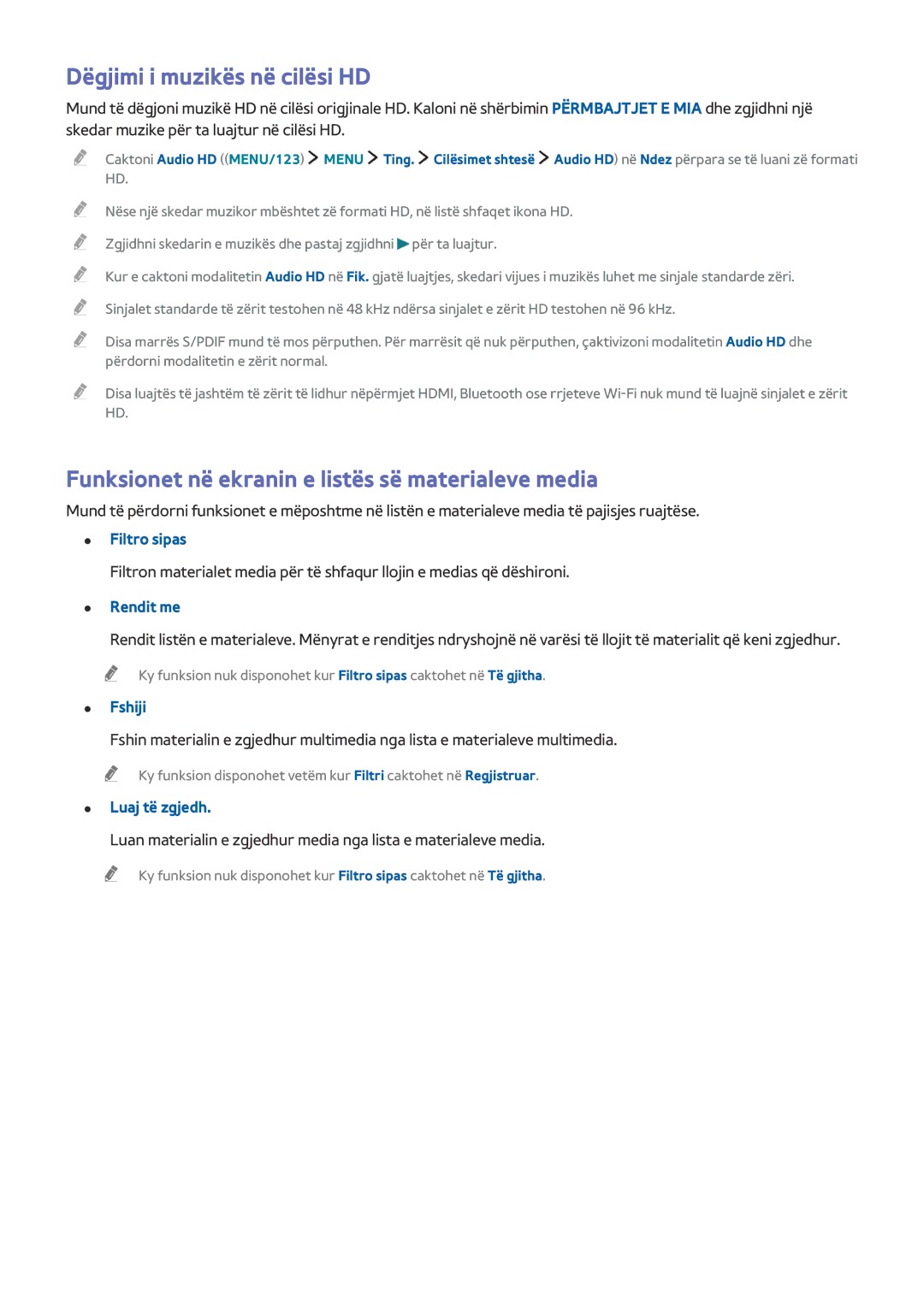 Samsung UE60J6282SUXXH, UE40J6302AKXXH Dëgjimi i muzikës në cilësi HD, Funksionet në ekranin e listës së materialeve media 