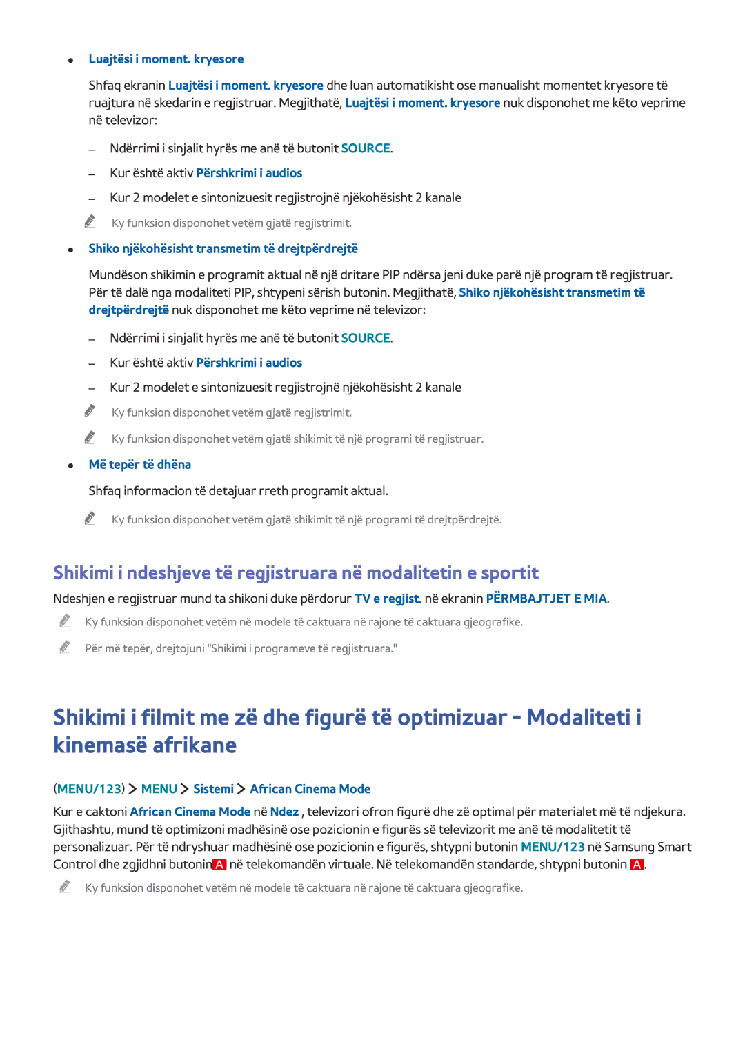 Samsung UE40J6272SUXXH manual Shiko njëkohësisht transmetim të drejtpërdrejtë, MENU/123 Menu Sistemi African Cinema Mode 