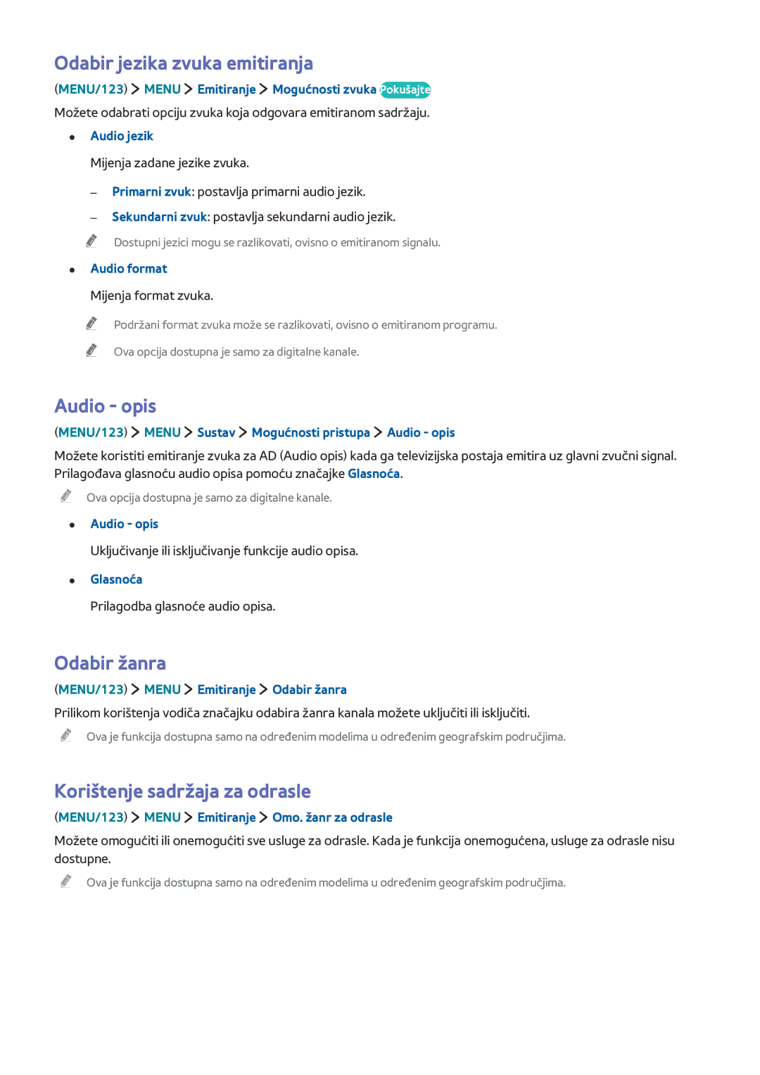 Samsung UE40J5602AKXXH manual Odabir jezika zvuka emitiranja, Audio opis, Odabir žanra, Korištenje sadržaja za odrasle 