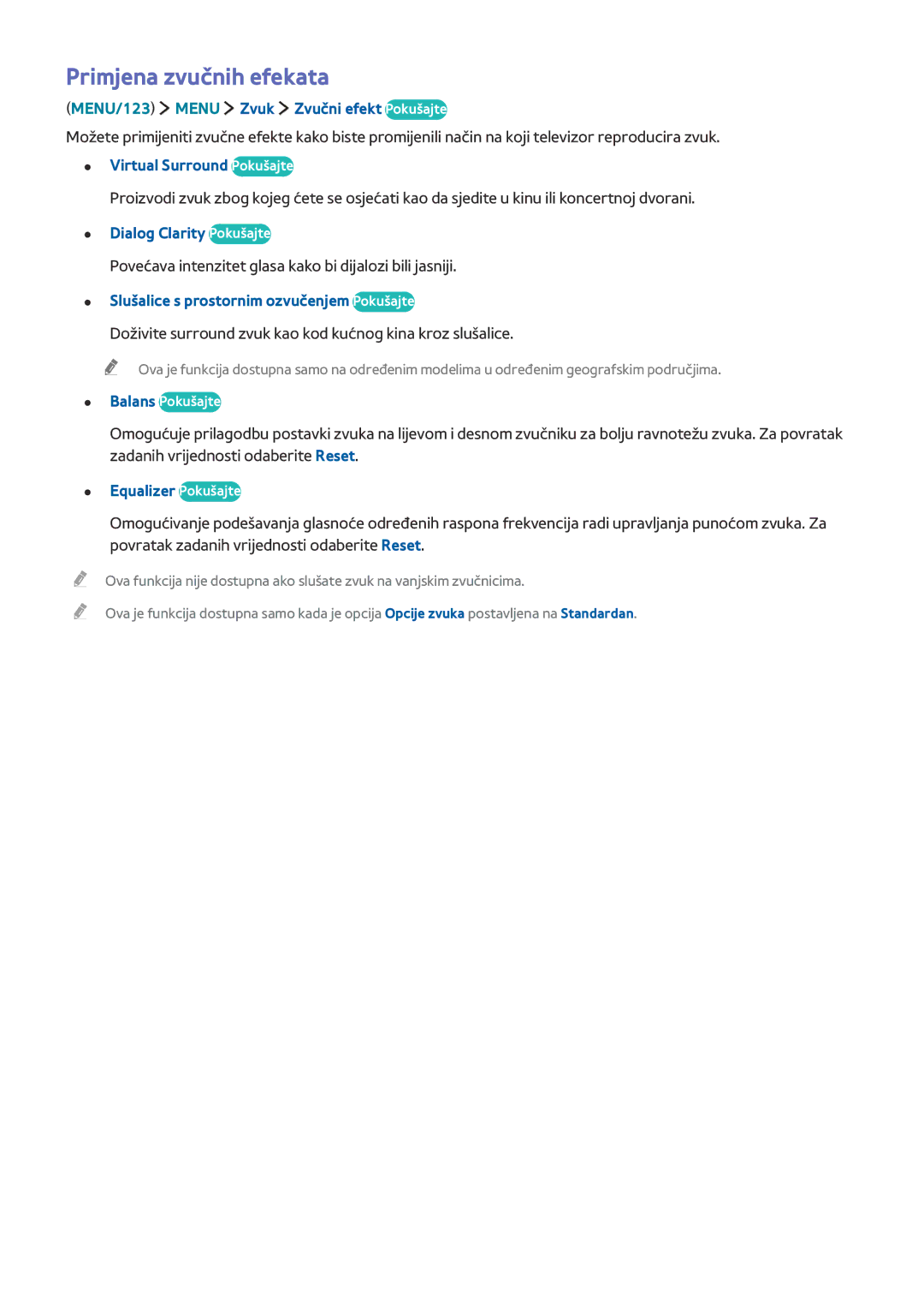 Samsung UE40J6272SUXXH, UE40J6302AKXXH, UE32J5502AKXXH, UE60J6282SUXXH, UE48J5502AKXXH manual Primjena zvučnih efekata 