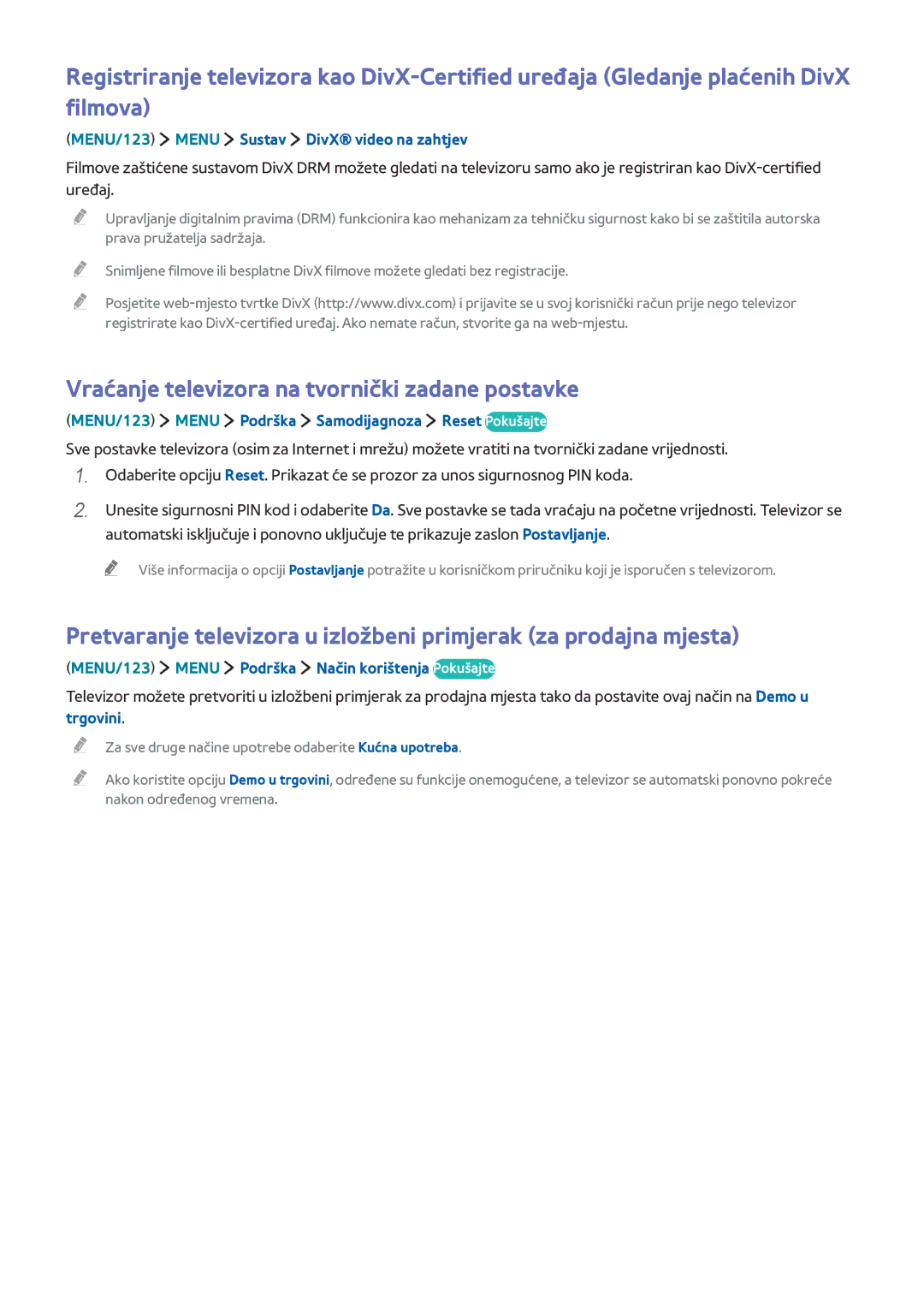 Samsung UE32J5572SUXXH manual Vraćanje televizora na tvornički zadane postavke, MENU/123 Menu Sustav DivX video na zahtjev 