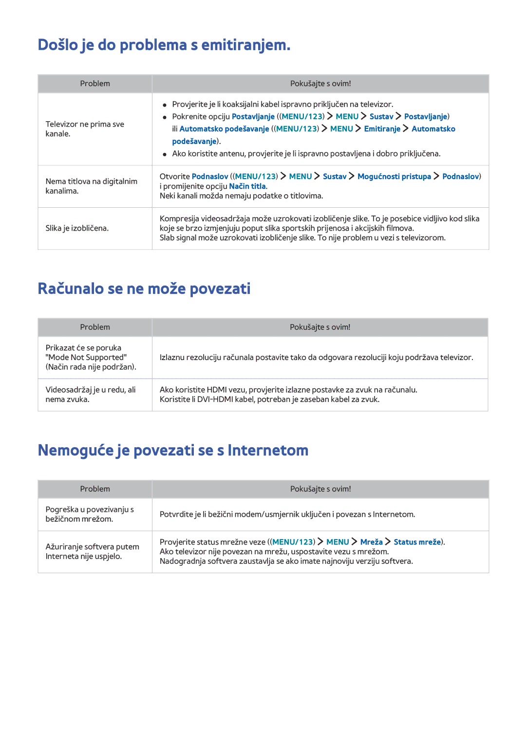 Samsung UE48J6272SUXXH, UE40J6302AKXXH, UE32J5502AKXXH Došlo je do problema s emitiranjem, Računalo se ne može povezati 