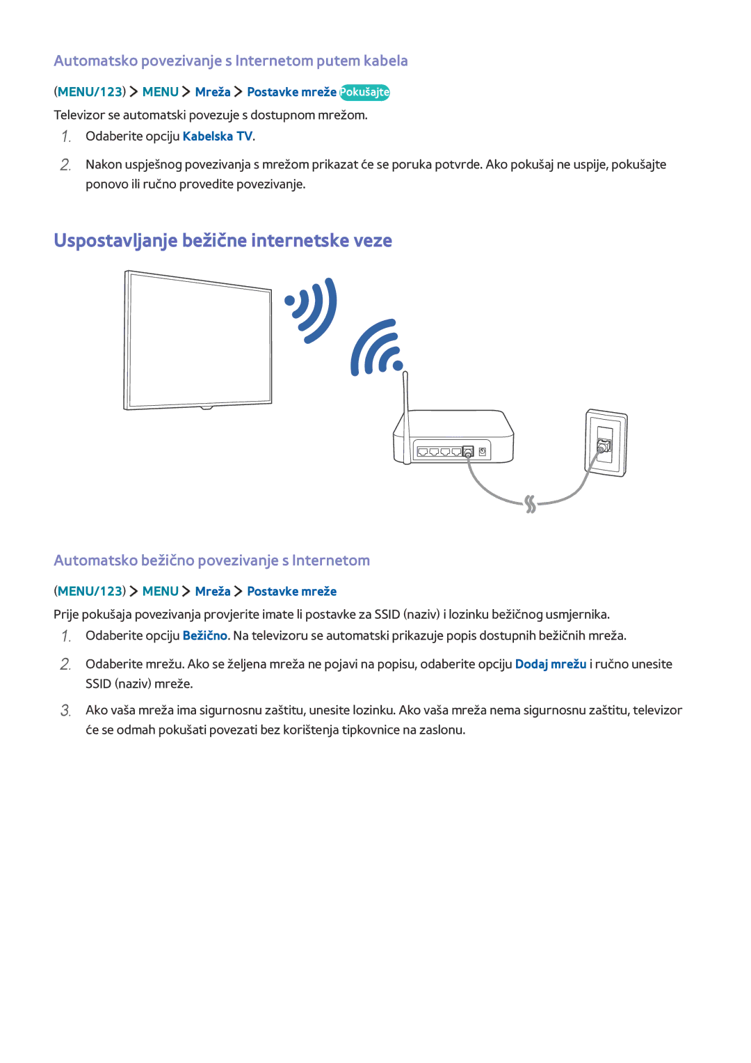 Samsung UE40J5512AKXXH manual Uspostavljanje bežične internetske veze, Automatsko povezivanje s Internetom putem kabela 