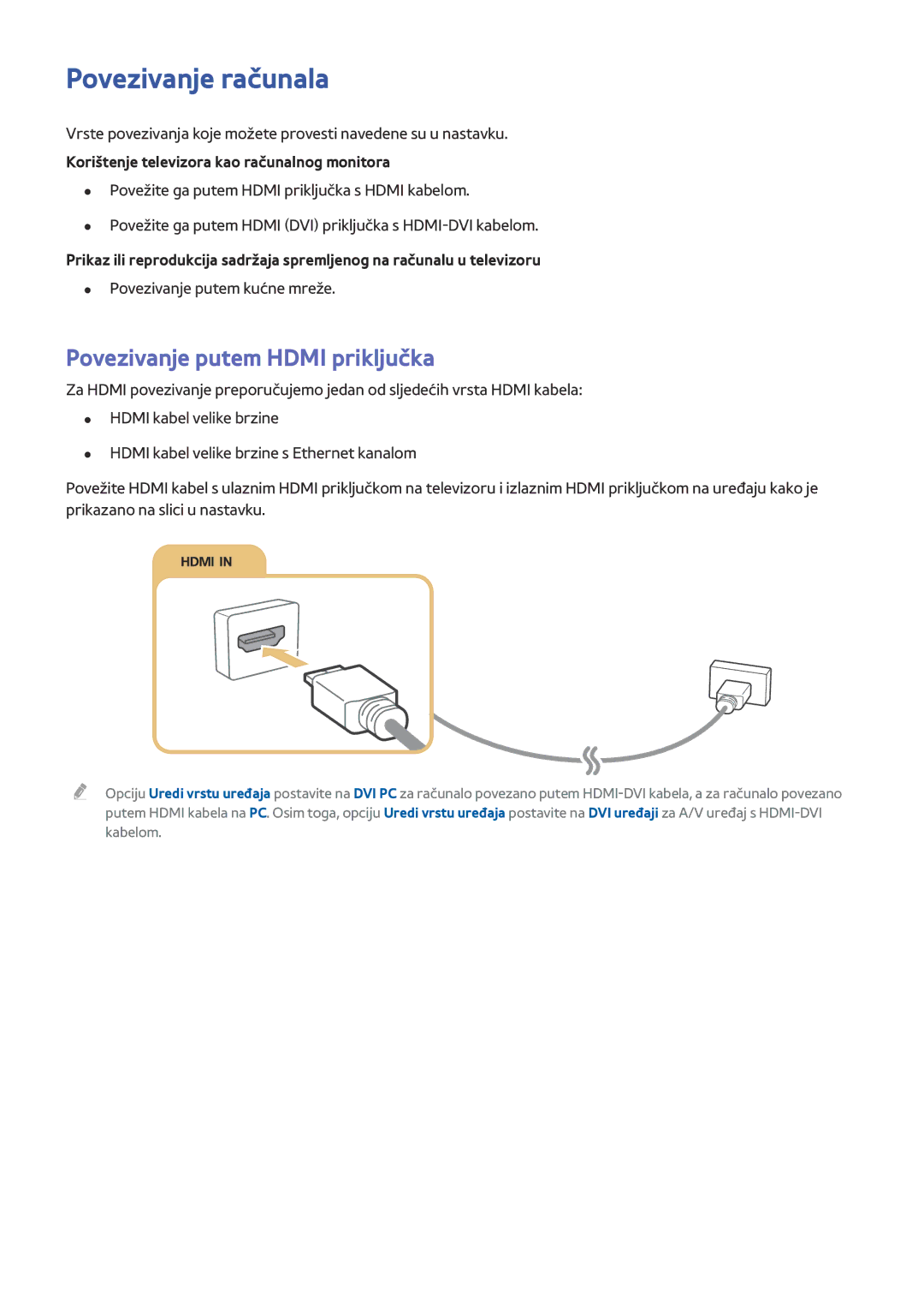 Samsung UE32J5502AKXXH manual Povezivanje računala, Povezivanje putem Hdmi priključka, Povezivanje putem kućne mreže 