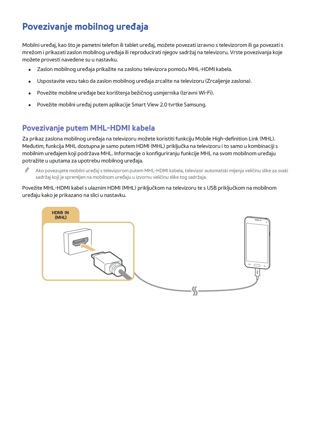 Samsung UE48J5502AKXXH, UE40J6302AKXXH, UE32J5502AKXXH manual Povezivanje mobilnog uređaja, Povezivanje putem MHL-HDMI kabela 