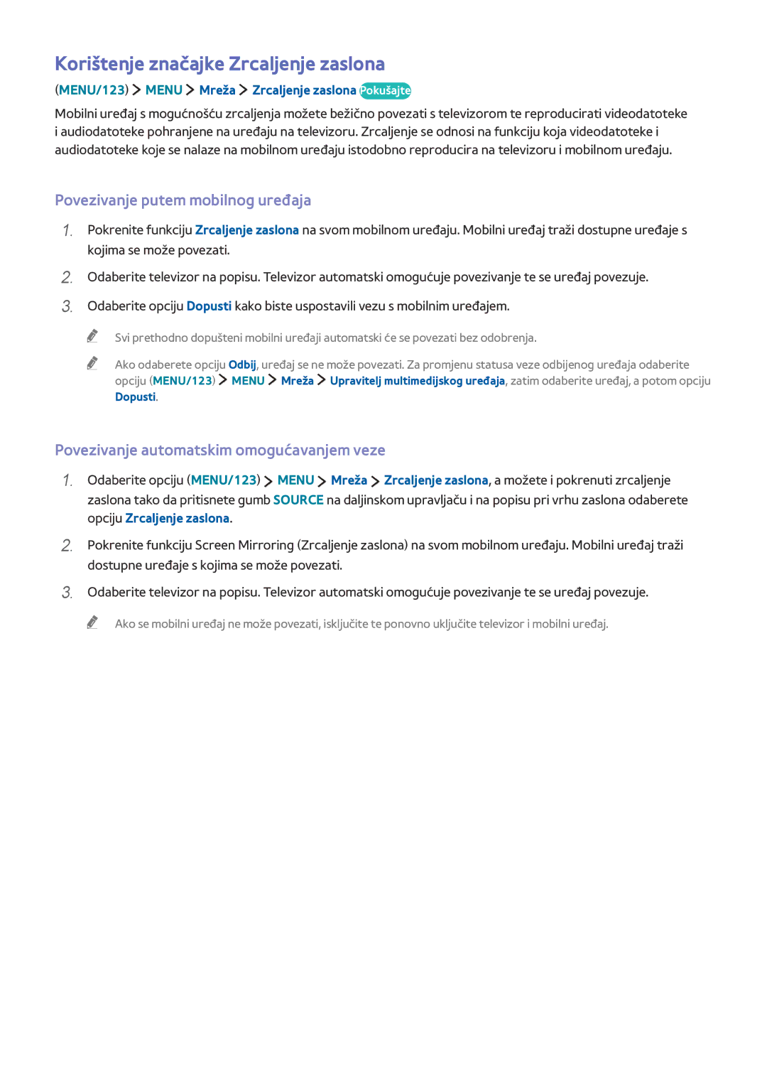 Samsung UE32J5572SUXXH, UE40J6302AKXXH manual Korištenje značajke Zrcaljenje zaslona, Povezivanje putem mobilnog uređaja 