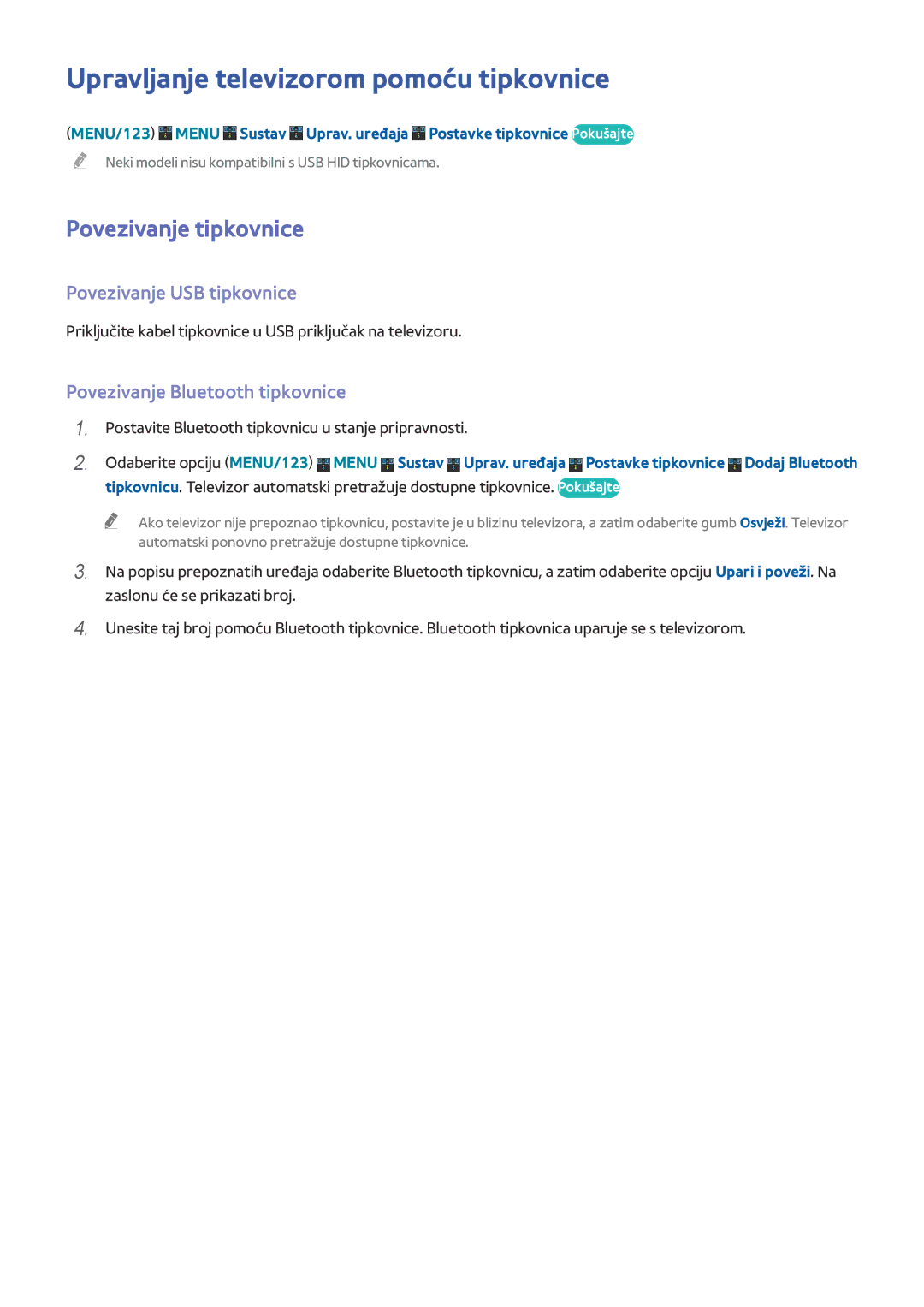 Samsung UE40J5512AKXXH manual Upravljanje televizorom pomoću tipkovnice, Povezivanje tipkovnice, Povezivanje USB tipkovnice 