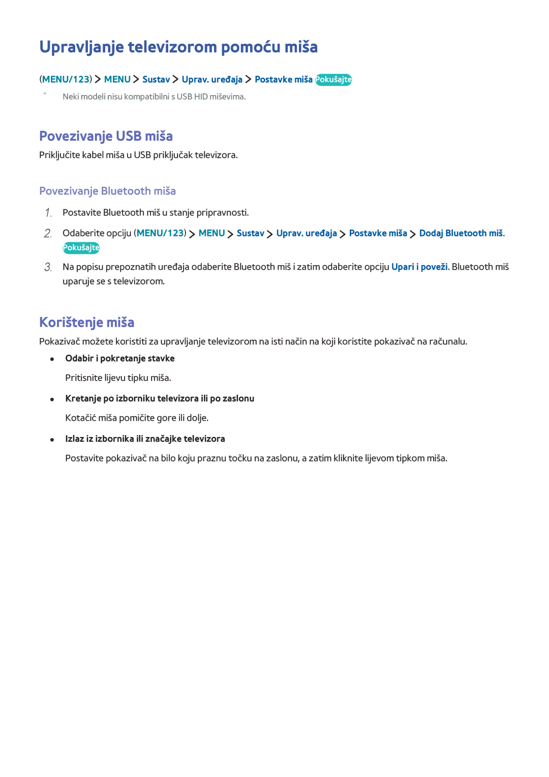 Samsung UE50J6282SUXXH, UE40J6302AKXXH manual Upravljanje televizorom pomoću miša, Povezivanje USB miša, Korištenje miša 