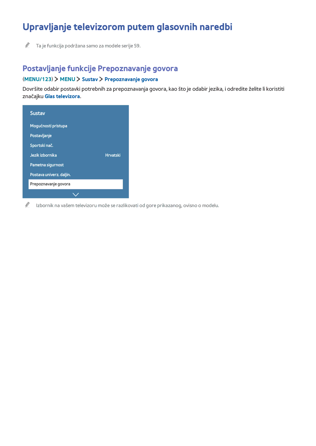 Samsung UE50J5502AKXXH manual Upravljanje televizorom putem glasovnih naredbi, Postavljanje funkcije Prepoznavanje govora 