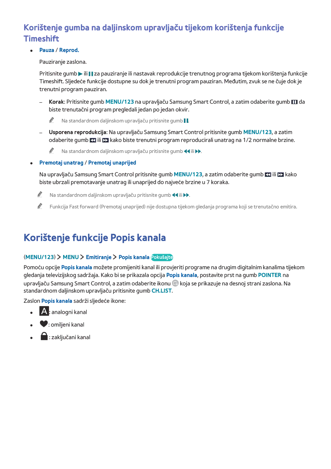 Samsung UE40J6272SUXXH, UE40J6302AKXXH Korištenje funkcije Popis kanala, MENU/123 Menu Emitiranje Popis kanala Pokušajte 