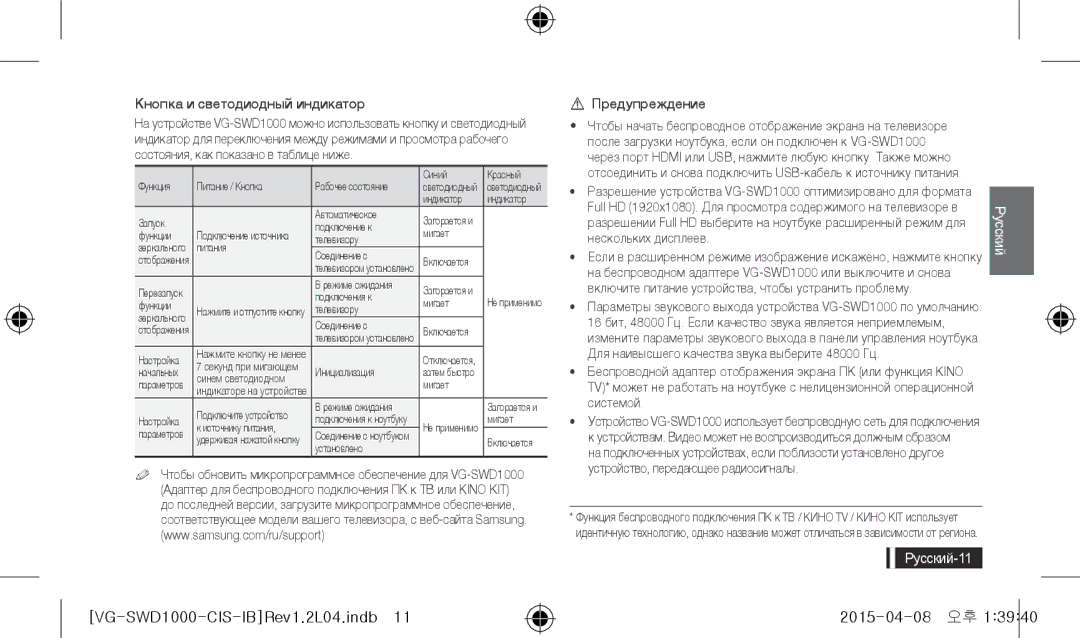 Samsung UE75JU6400UXRU, UE40J6390AUXRU, UE48J6590AUXRU manual Кнопка и светодиодный индикатор, Предупреждение, Русский-11 