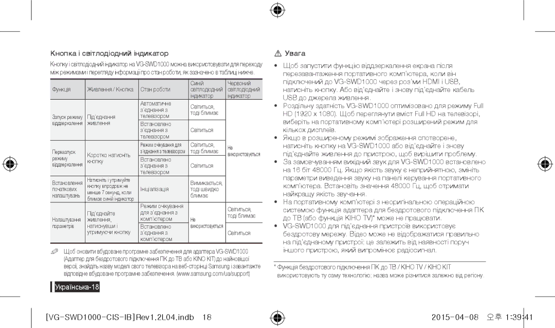 Samsung UE40JU6400UXRU, UE40J6390AUXRU, UE48J6590AUXRU, UE55J6390AUXRU manual Кнопка і світлодіодний індикатор, Українська-18 