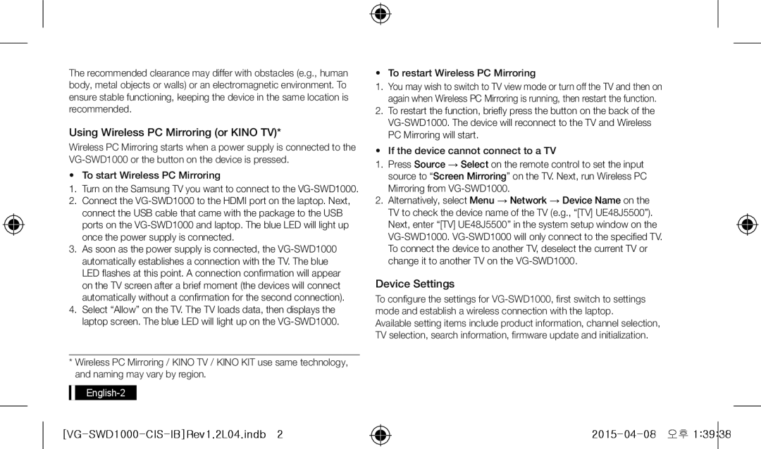 Samsung UE55J6390AUXRU, UE40J6390AUXRU, UE48J6590AUXRU Using Wireless PC Mirroring or Kino TV, Device Settings, English-2 