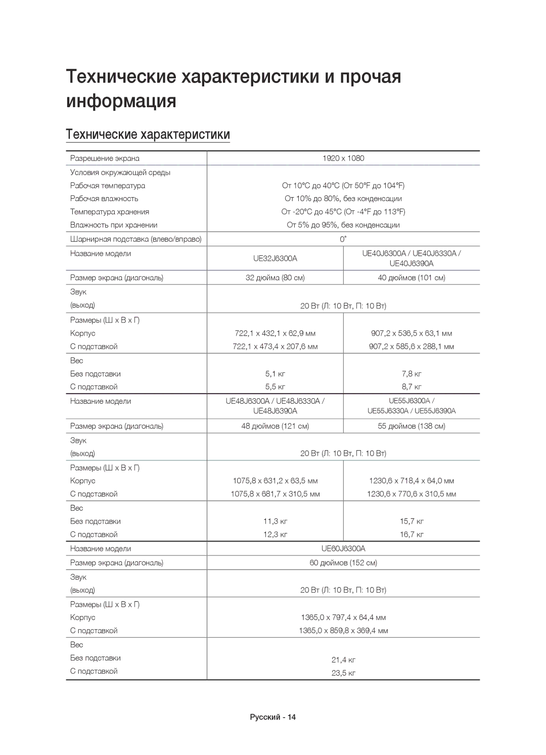 Samsung UE40J6390AUXRU, UE55J6330AUXRU, UE55J6390AUXRU, UE48J6330AUXRU manual Технические характеристики и прочая информация 