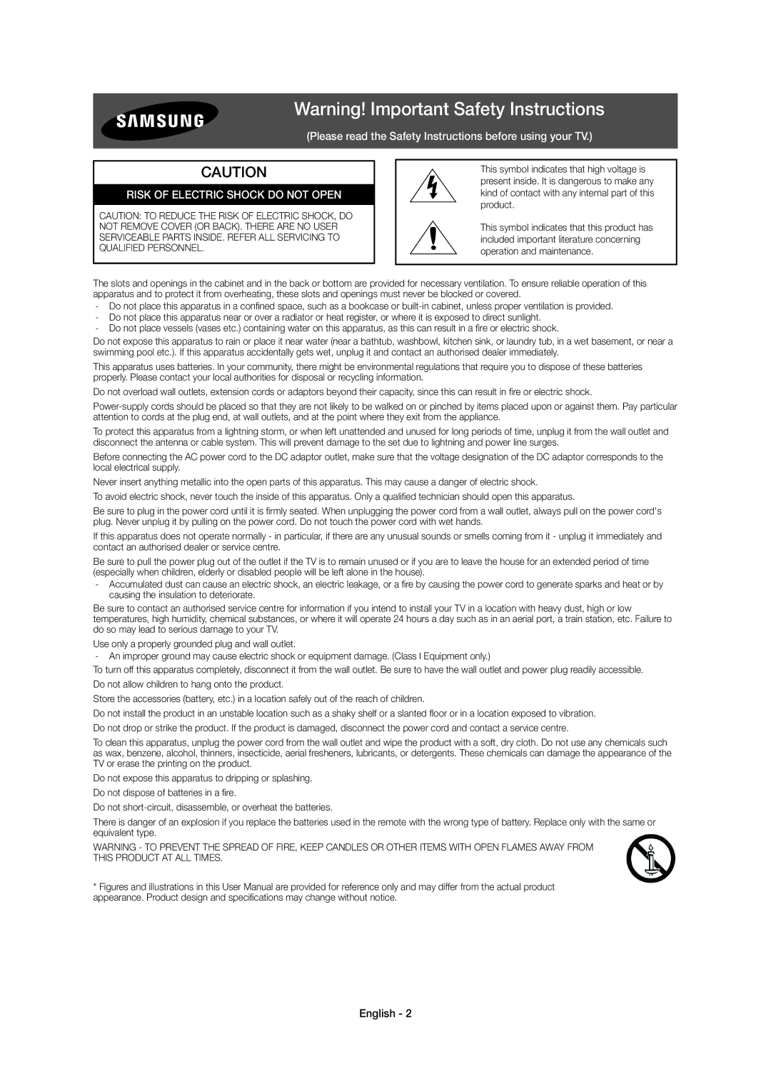 Samsung UE32J6300AUXRU, UE40J6390AUXRU, UE55J6330AUXRU, UE55J6390AUXRU manual Risk of Electric Shock do not Open, English 