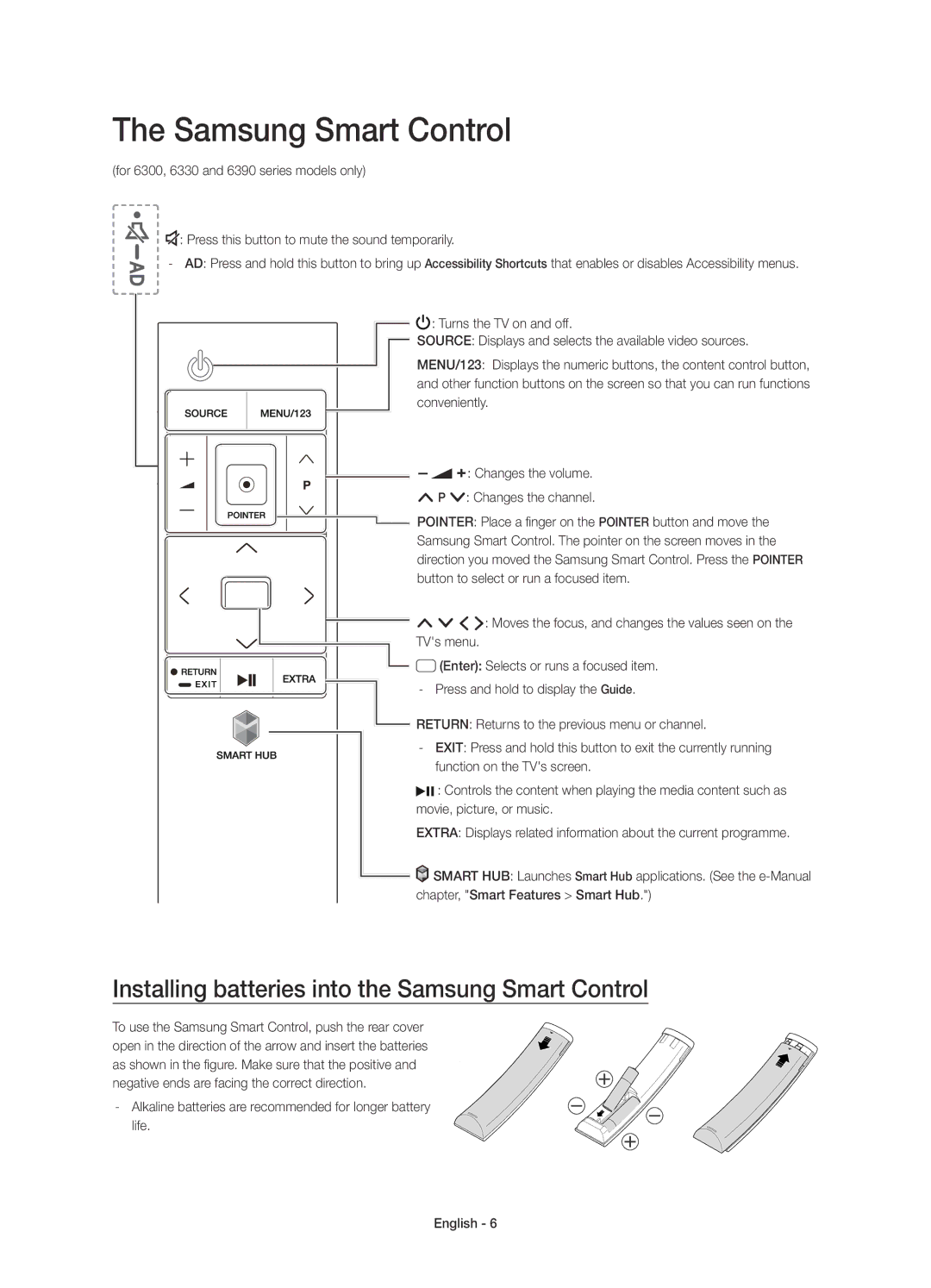 Samsung UE48J6200AUXRU, UE40J6390AUXRU, UE55J6330AUXRU manual Installing batteries into the Samsung Smart Control 