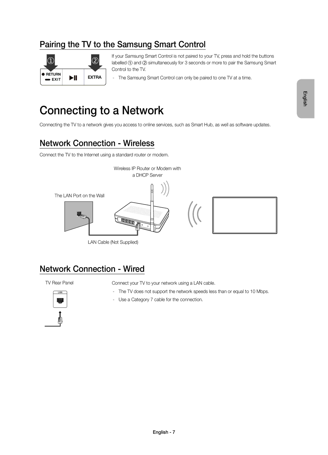 Samsung UE40J6330AUXRU Connecting to a Network, Pairing the TV to the Samsung Smart Control, Network Connection Wireless 