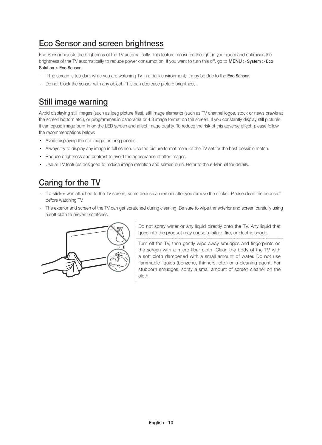 Samsung UE40J6390AUXRU, UE55J6330AUXRU manual Eco Sensor and screen brightness, Still image warning, Caring for the TV 