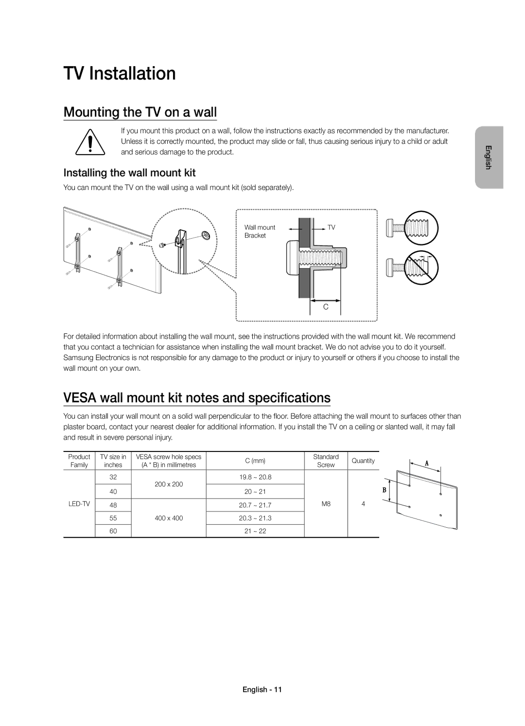 Samsung UE55J6330AUXRU manual TV Installation, Mounting the TV on a wall, Vesa wall mount kit notes and specifications 