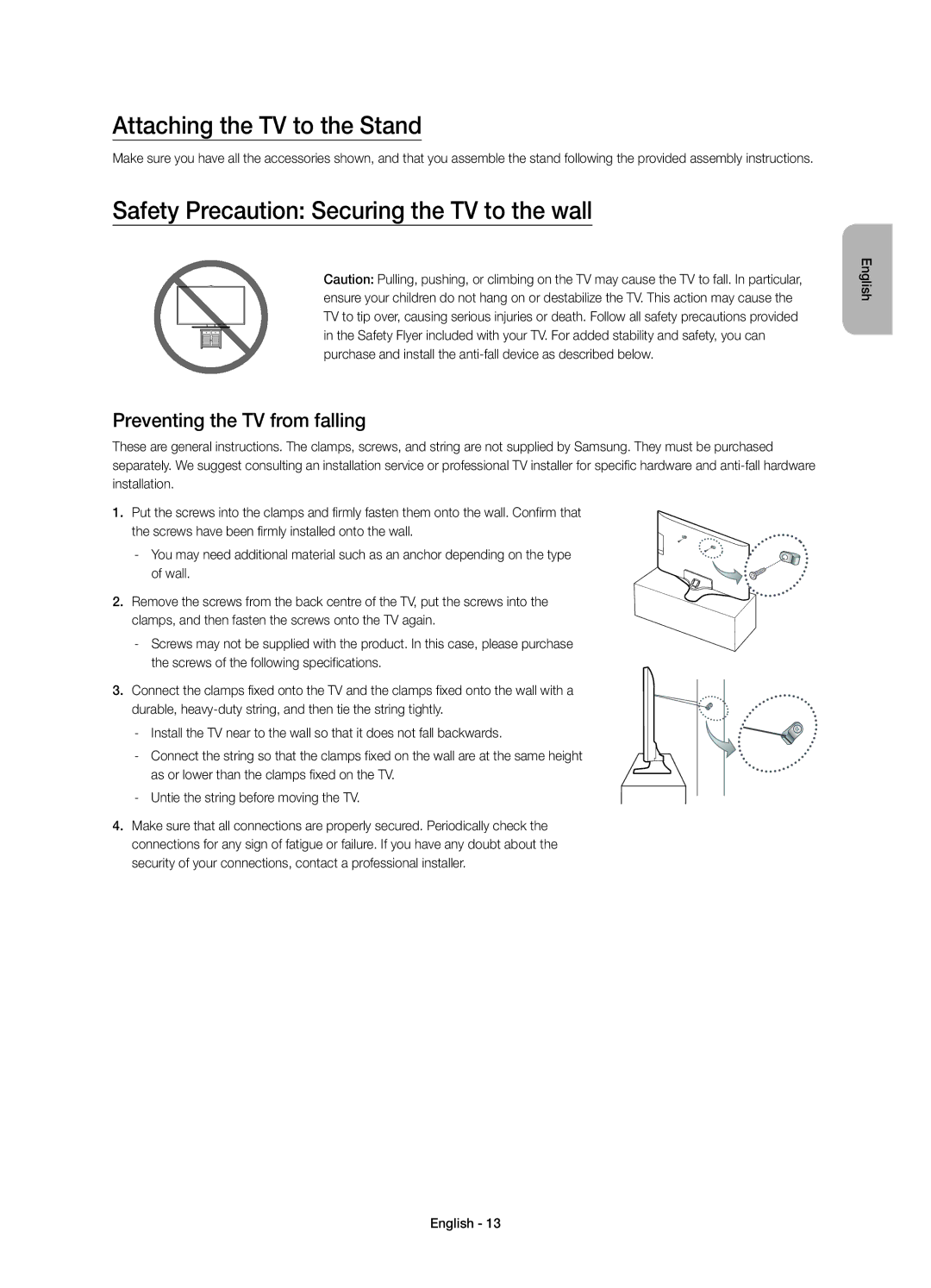 Samsung UE48J6330AUXRU, UE40J6390AUXRU manual Attaching the TV to the Stand, Safety Precaution Securing the TV to the wall 