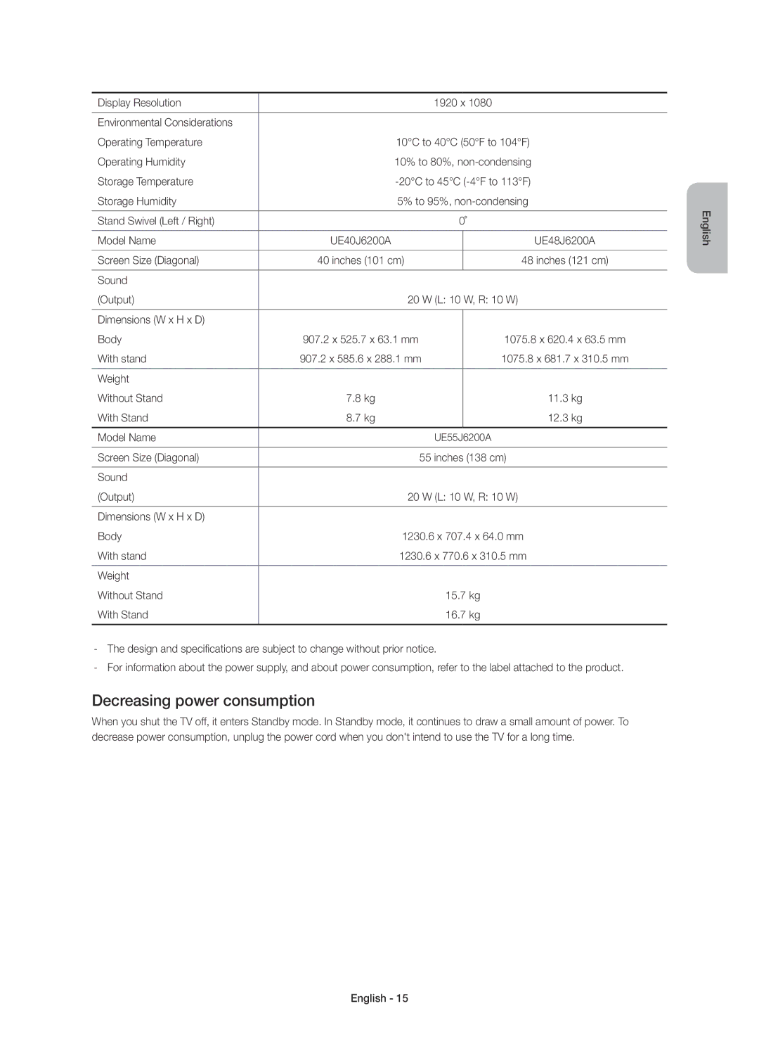 Samsung UE55J6200AUXRU, UE40J6390AUXRU manual Decreasing power consumption, Stand Swivel Left / Right Screen Size Diagonal 