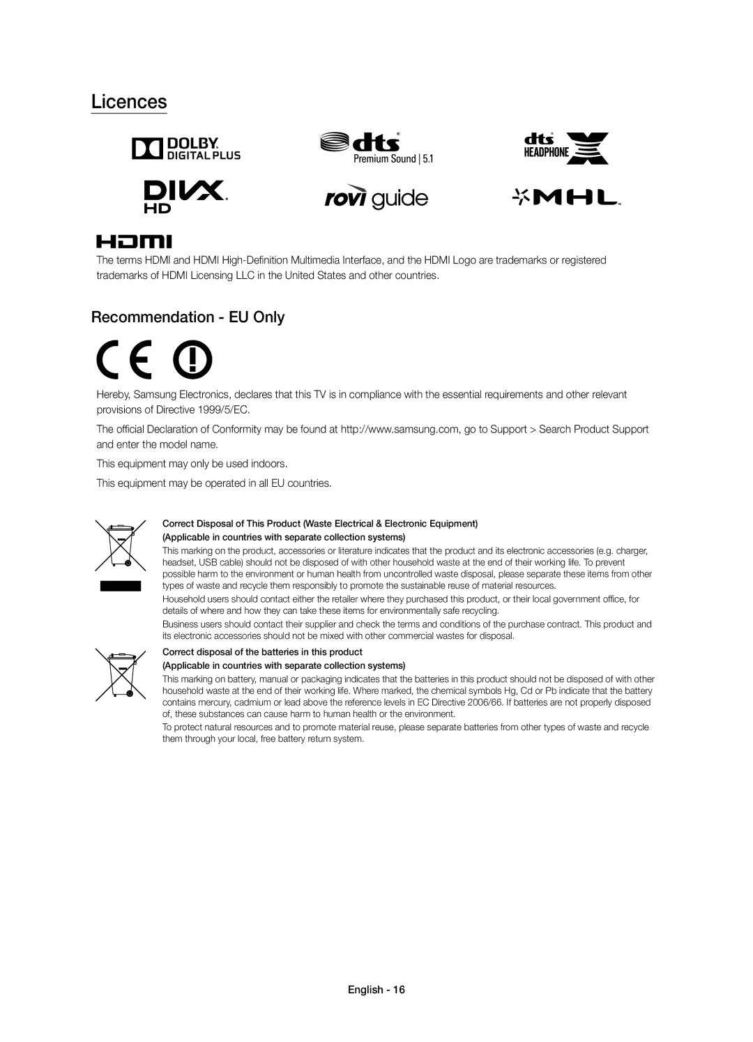 Samsung UE32J6300AUXRU, UE40J6390AUXRU, UE55J6330AUXRU, UE55J6390AUXRU, UE48J6330AUXRU manual Licences, Recommendation EU Only 