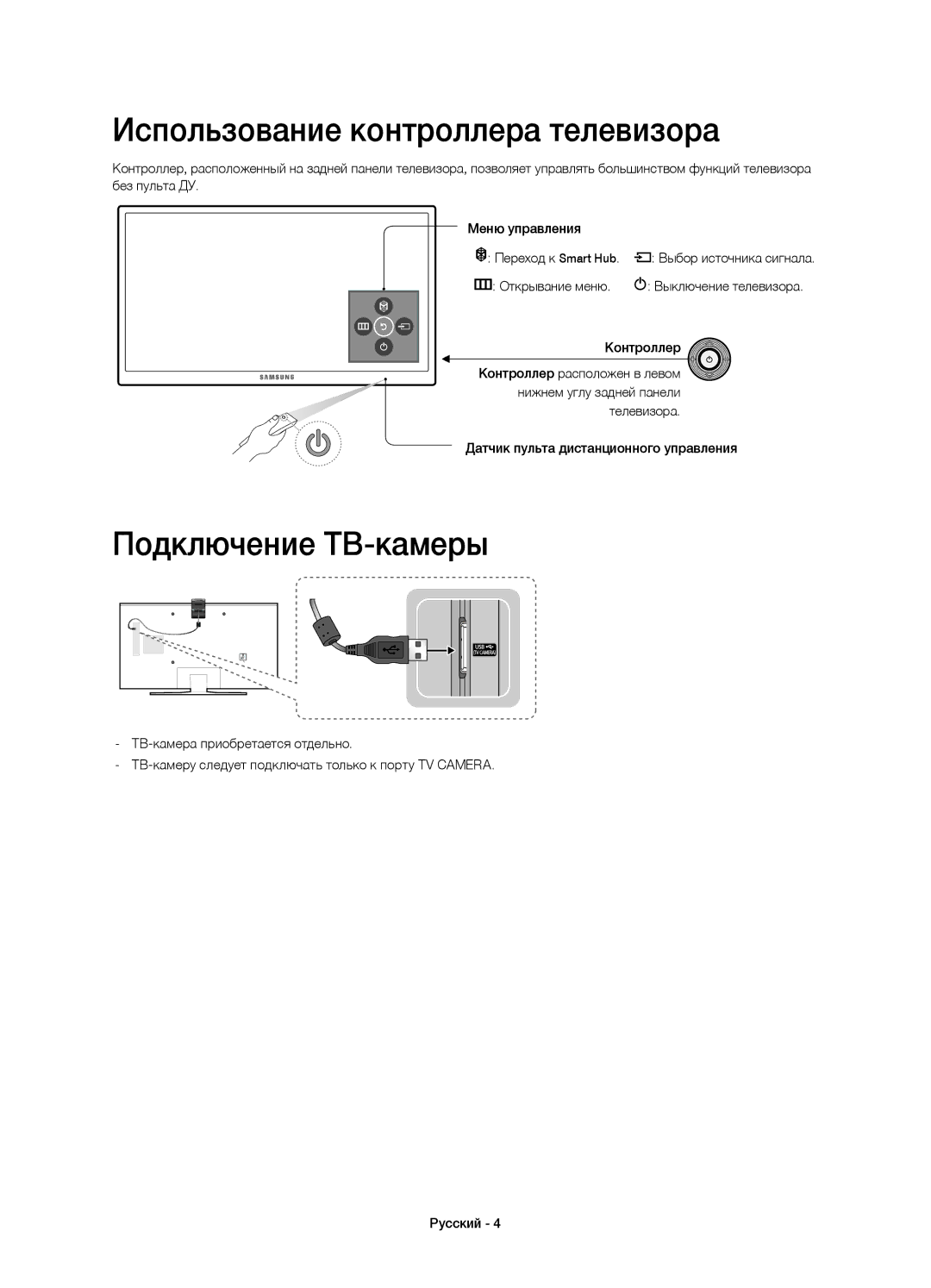 Samsung UE48J6390AUXRU, UE40J6390AUXRU manual Использование контроллера телевизора, Подключение ТВ-камеры, Открывание меню 