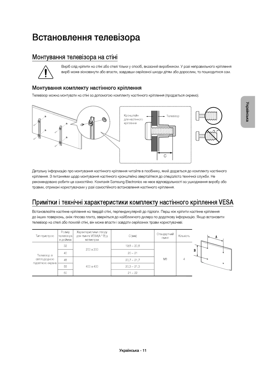 Samsung UE48J6330AUXRU Встановлення телевізора, Монтування телевізора на стіні, Монтування комплекту настінного кріплення 