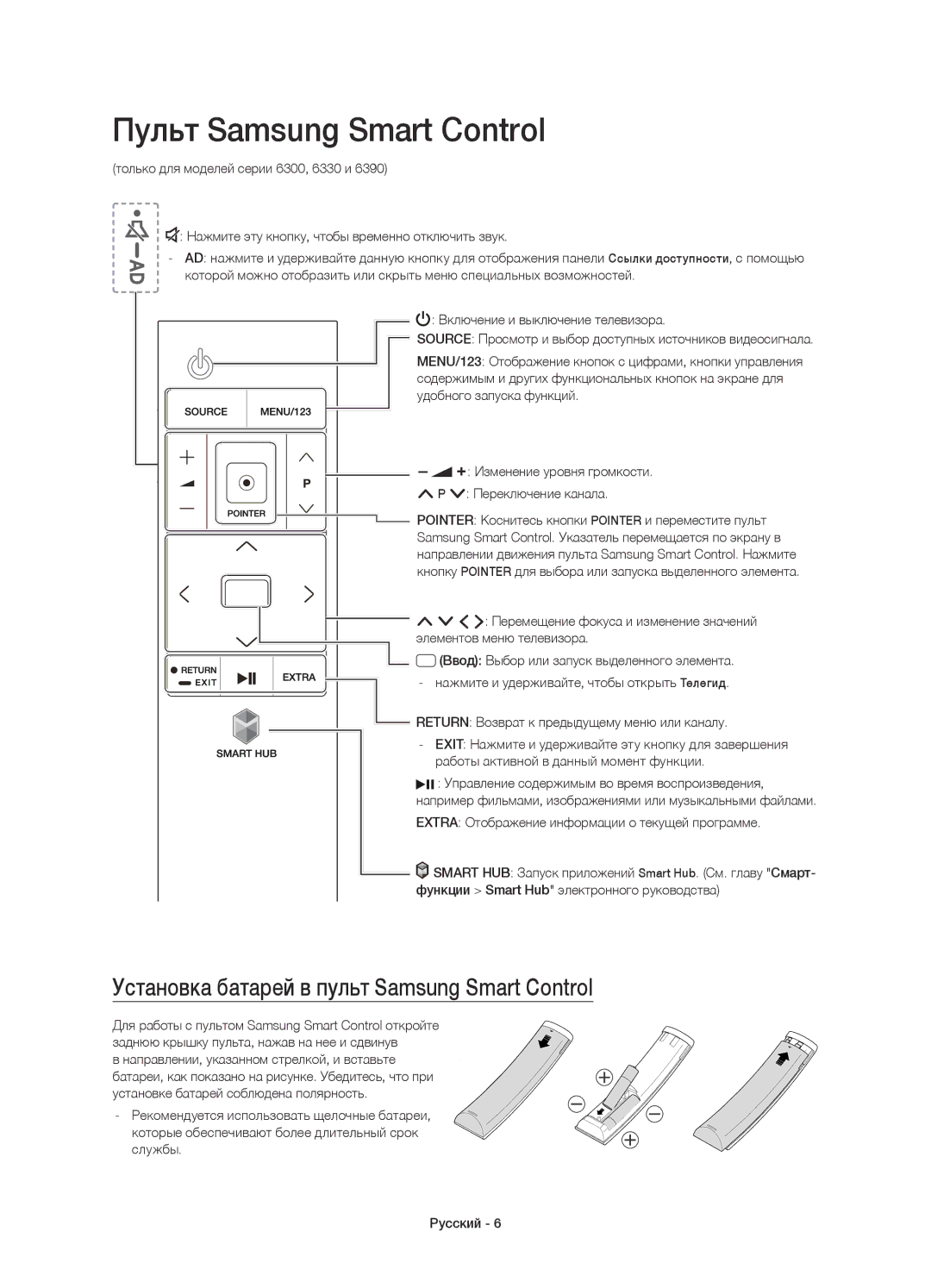 Samsung UE32J6300AUXRU, UE40J6390AUXRU manual Пульт Samsung Smart Control, Установка батарей в пульт Samsung Smart Control 