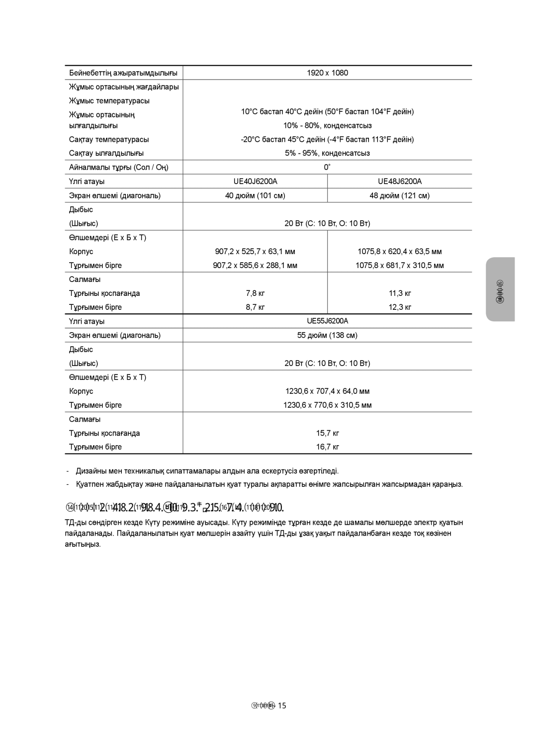 Samsung UE60J6300AUXRU, UE40J6390AUXRU, UE55J6330AUXRU, UE55J6390AUXRU manual Пайдаланылатын қуат мөлшерін азайту, Салмағы 