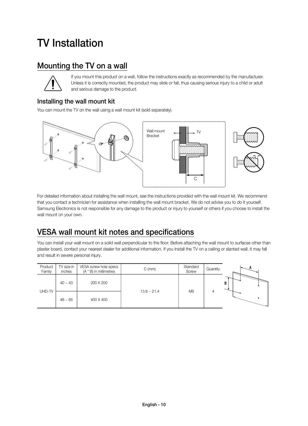 Samsung UE60JU6000KXZF manual TV Installation, Mounting the TV on a wall, Vesa wall mount kit notes and specifications 