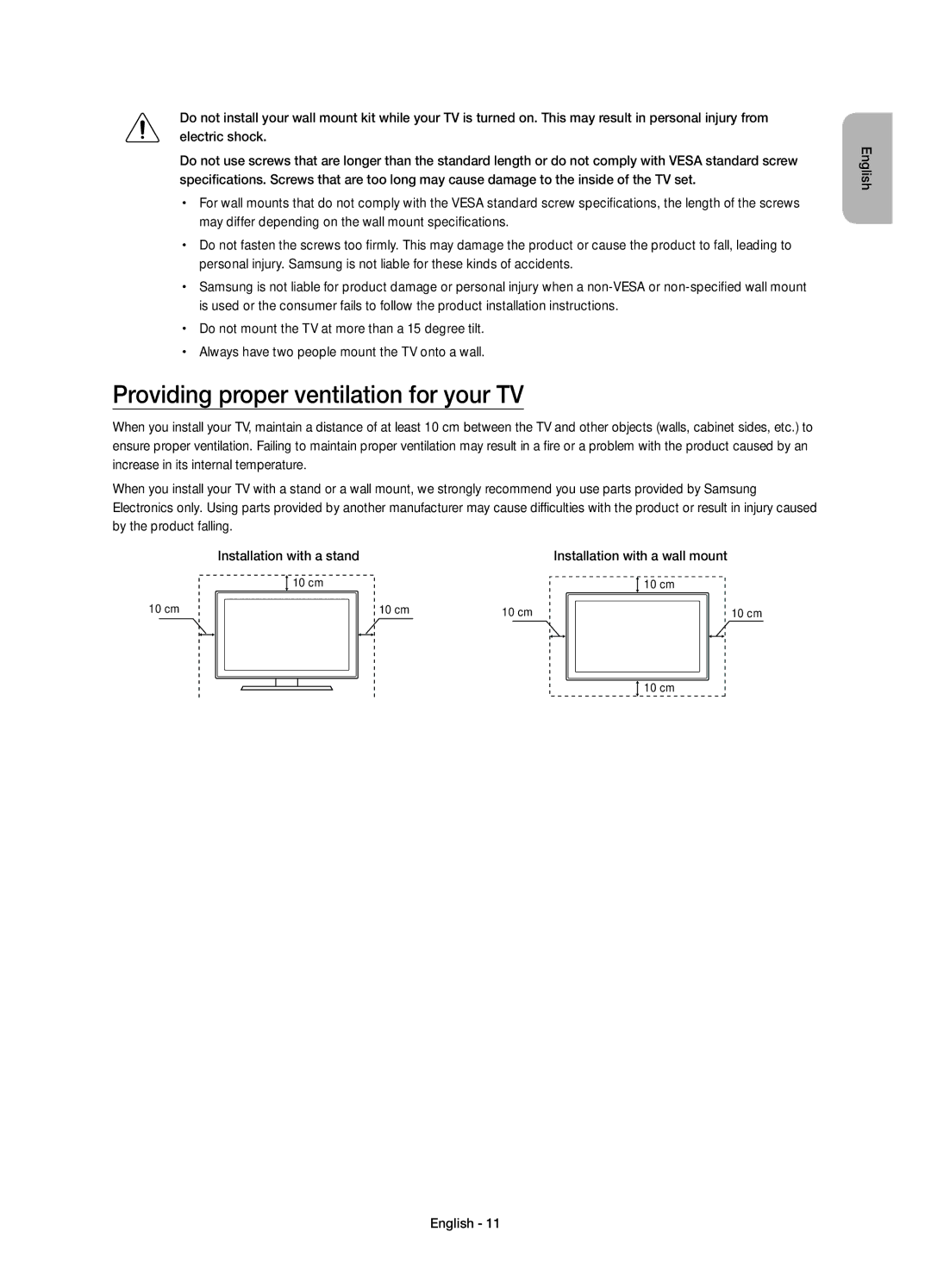 Samsung UE55JU6000KXZF, UE40JU6000KXZF, UE48JU6000KXZF, UE60JU6000KXZF manual Providing proper ventilation for your TV 