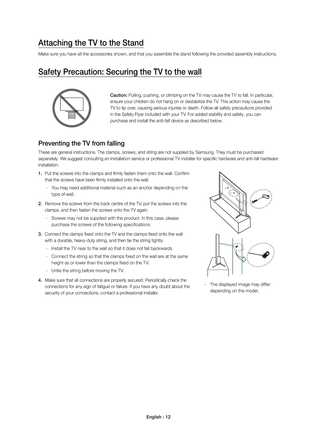 Samsung UE40JU6000KXZF, UE48JU6000KXZF manual Attaching the TV to the Stand, Safety Precaution Securing the TV to the wall 