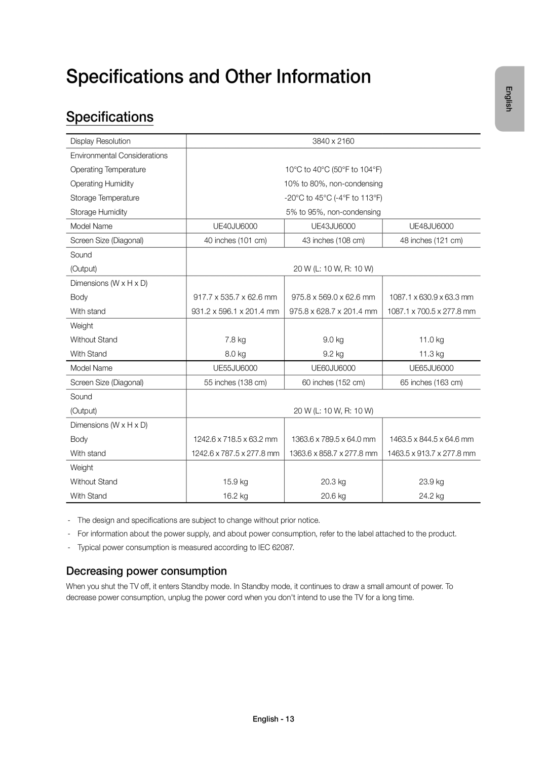 Samsung UE48JU6000KXZF, UE40JU6000KXZF, UE60JU6000KXZF Specifications and Other Information, Decreasing power consumption 